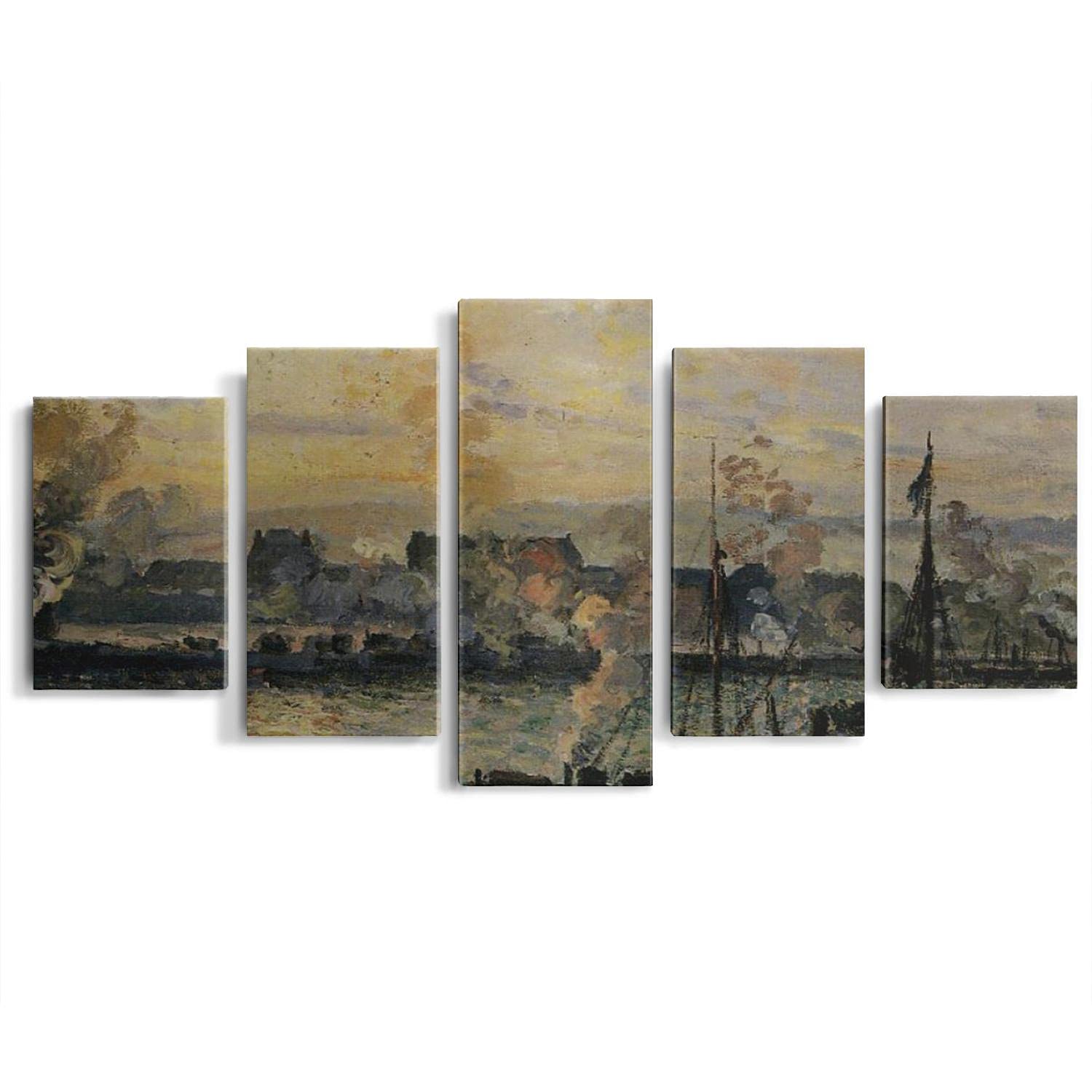 5-Piece Framed Canvas Wall Art - Camille Pissarro 'Sunset at the Port of Rouen' Paintings for Living Room, Bedroom & Office Decor | Vintage French Impressionist Artwork