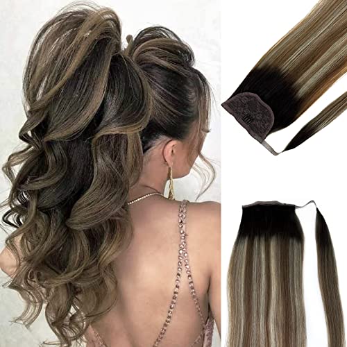 16 Inch 80g Remy Human Hair Ponytail Extension - Ombre Balayage Walnut Brown to Ash Brown with Bleach Blonde Highlights | Clip-in Wrap Around Straight Hair Extensions for Women | Perfect for Parties, Weddings & Everyday Styling