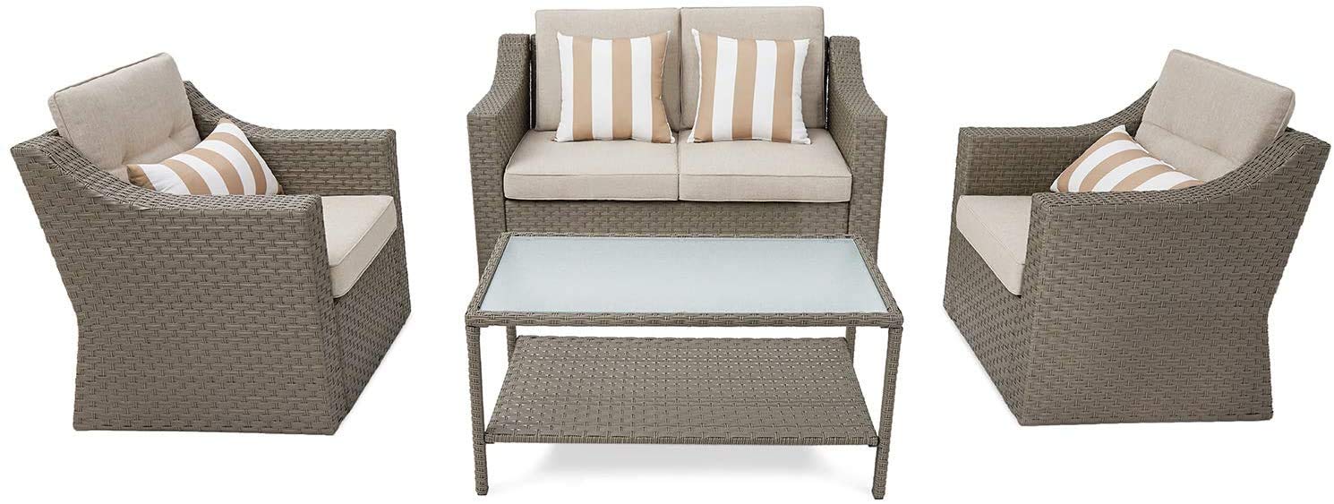SOLAURA 4-Piece Outdoor Patio Furniture Set - All-Weather Wicker Sectional Sofa with Tempered Glass Coffee Table, Gray - Perfect for Backyard, Garden & Poolside Relaxation