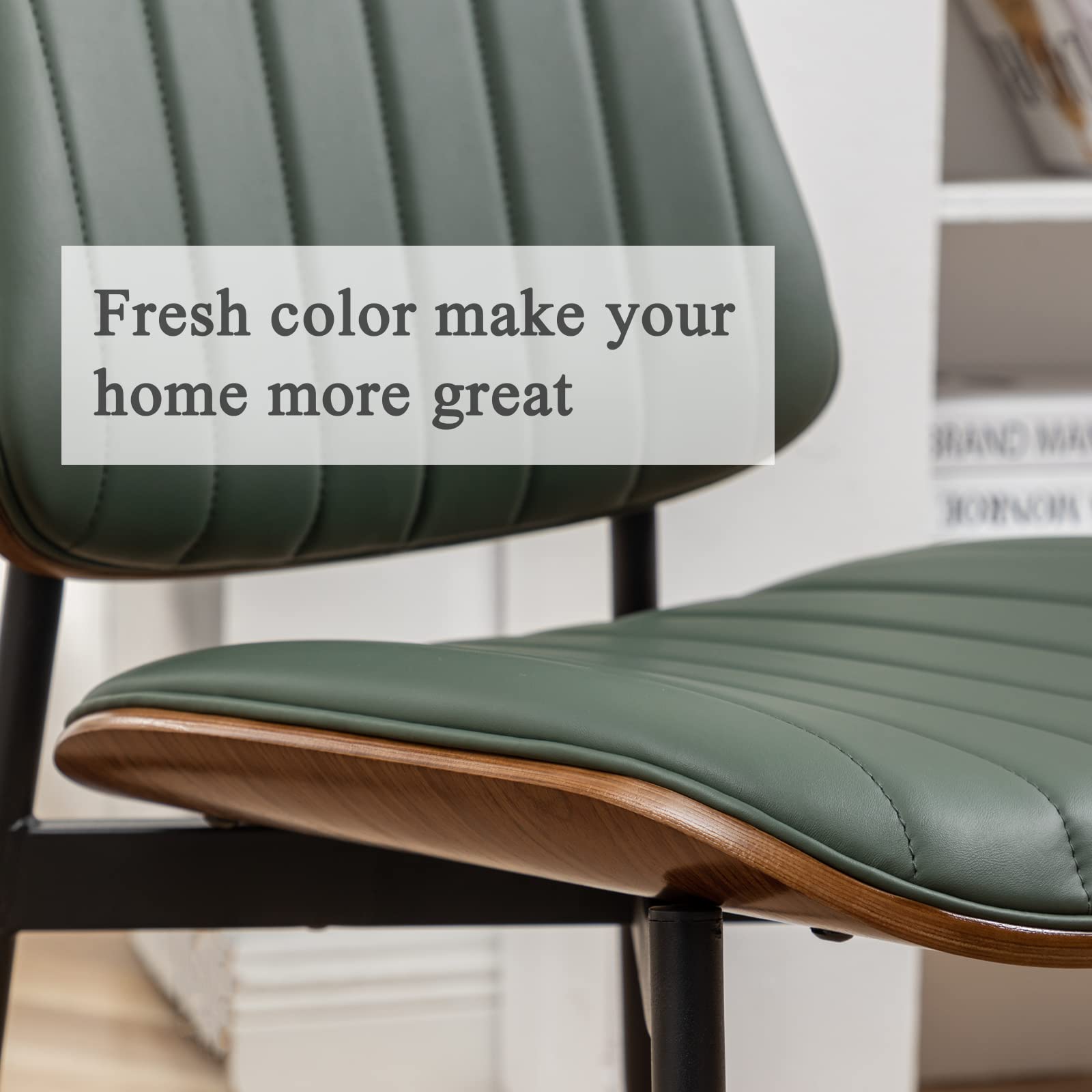 LUNLING Mid Century Modern Dining Chairs Set of 2 - Retro Faux Leather Upholstered Seat with Walnut Bentwood & Metal Legs - Adjustable Foot for Kitchen, Dining Room, Living Room - Green (Perfect for Home Decor, Restaurant, Cafe)