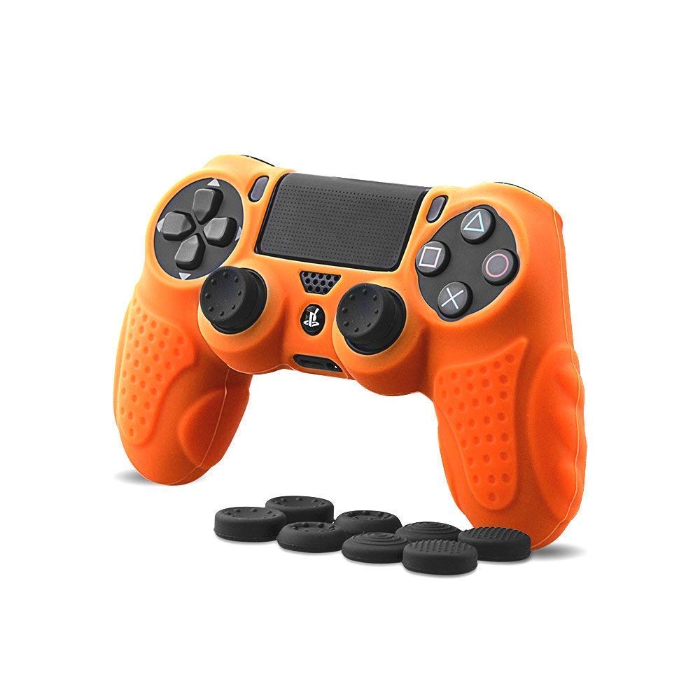 Anti-Slip Silicone Cover for PS4 Controller - CHINFAI DualShock4 Skin Grip Protector Case Compatible with Sony PS4/PS4 Slim/PS4 Pro (Includes 8 Thumb Grips, Orange) - Perfect for Gaming, Protection & Enhanced Grip During Long Play Sessions