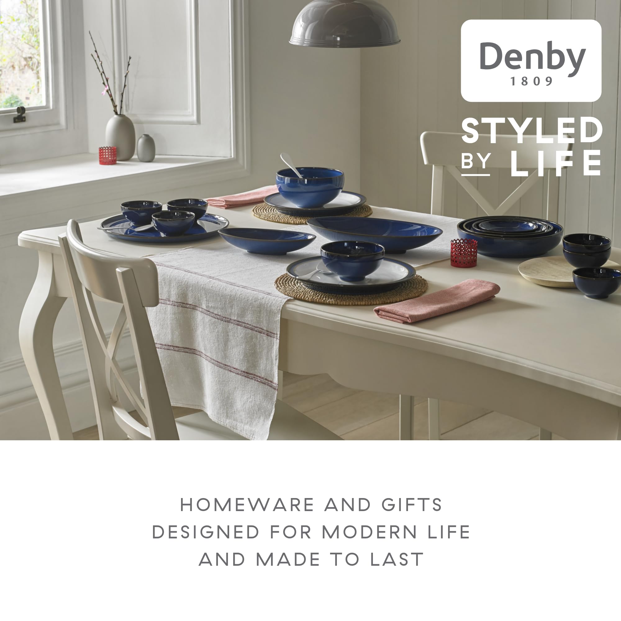 Denby Imperial Blue 16-Piece Ceramic Dinner Set - 4 Dinner Plates, 4 Side Plates, 4 Cereal Bowls & 4 Coffee Mugs - Dishwasher & Microwave Safe Tableware - Elegant Blue & White Crockery for Family Dining & Entertaining