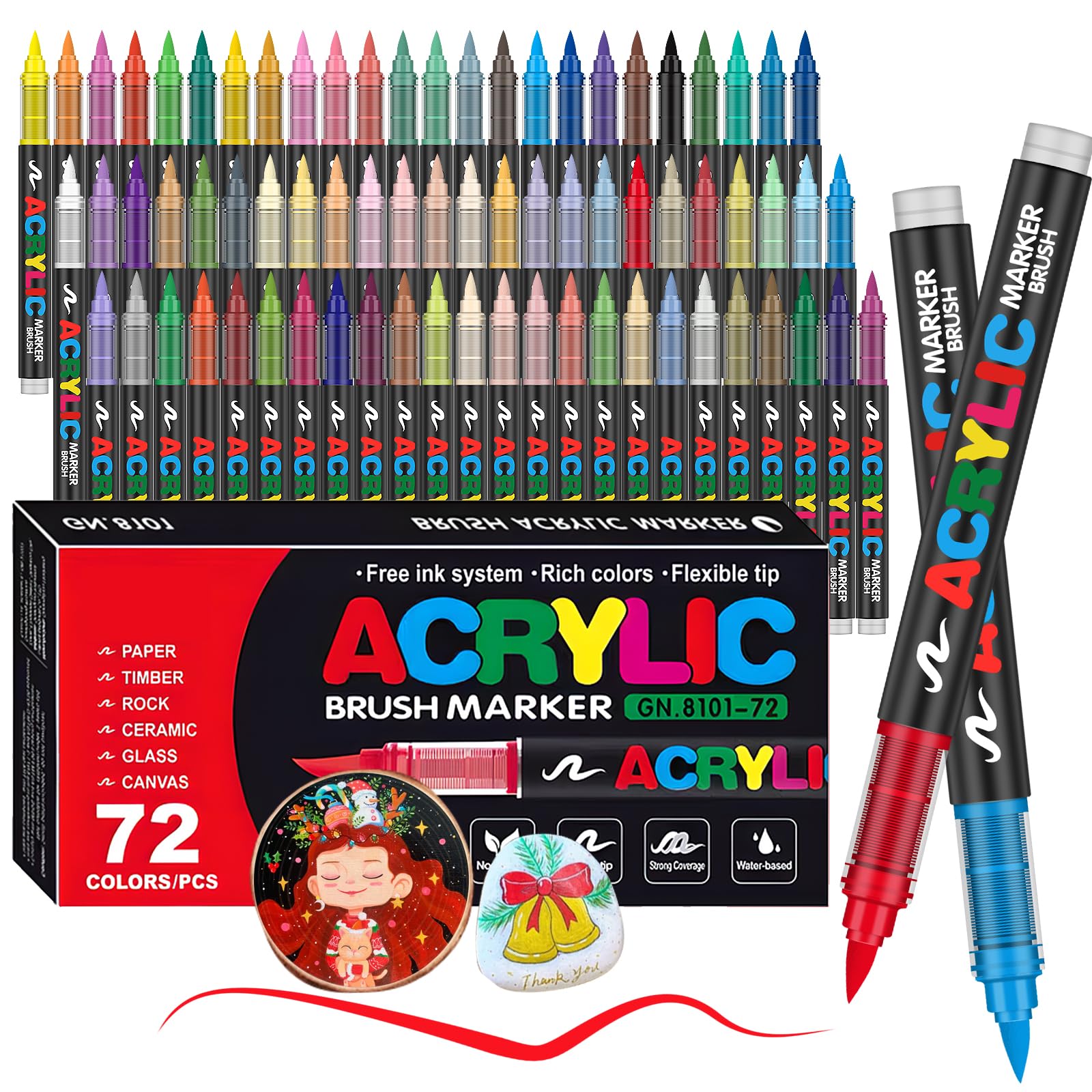 72 Colors Acrylic Paint Markers Set - Dual Tip Soft Brush & Fine Point for Wood, Stone, Canvas, Glass, Fabric - Perfect for Rock Painting, DIY Crafts, Home Decor & Art Projects