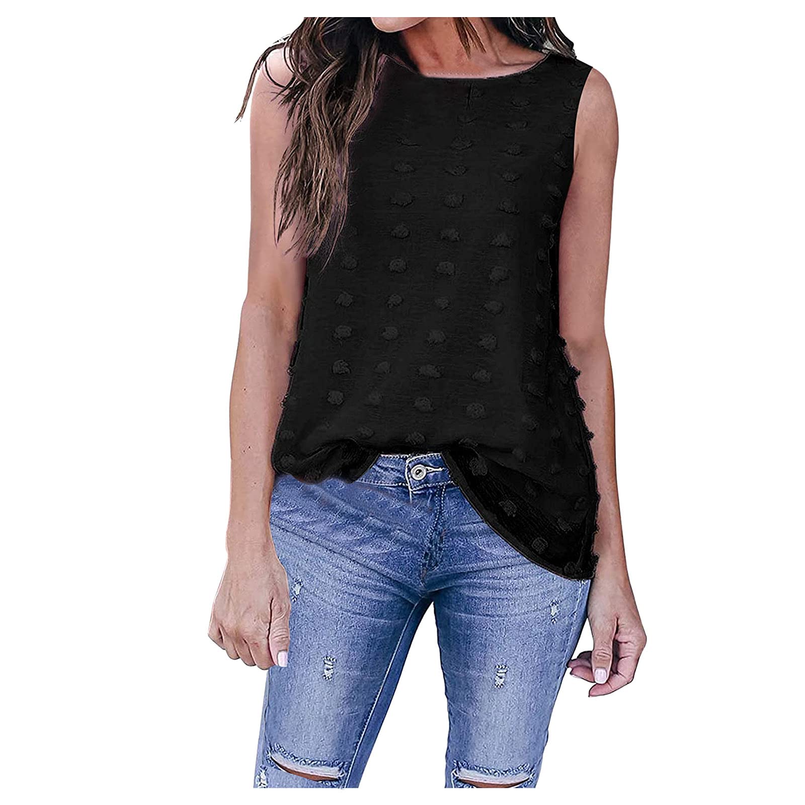 Women's Relaxed Fit Sleeveless Chiffon Blouse with Round Neck & Polka Dot Print - Casual Summer Tops for Work, Date Night & Outdoor Activities