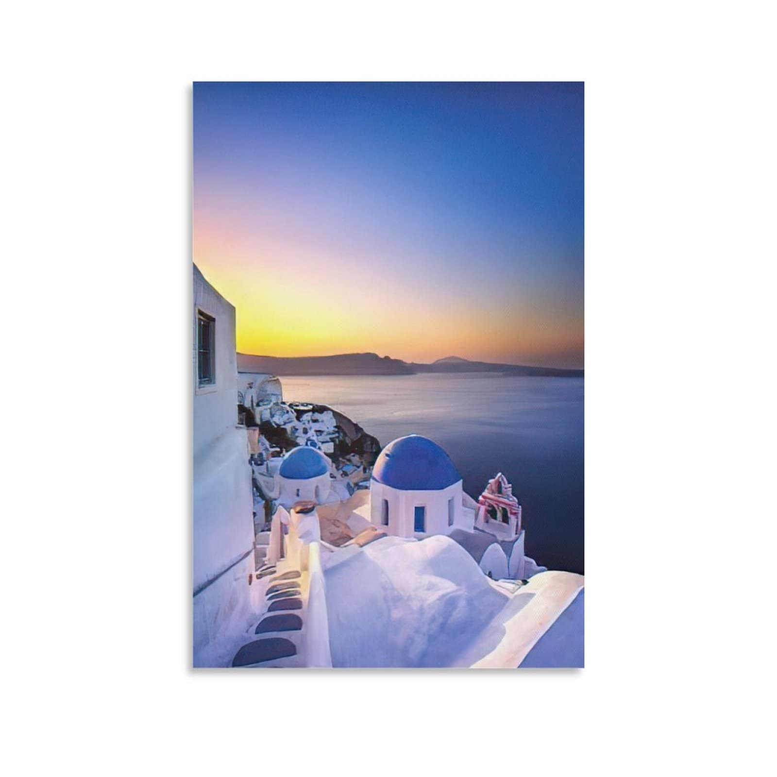 Santorini Blue Roof Cityscape Poster - Greek Art Print for Living Room Decor, 24x36in