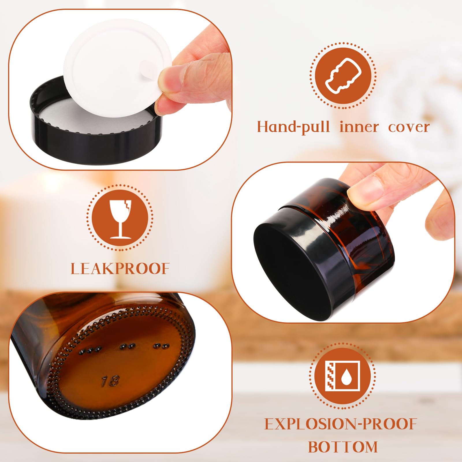 Domensi 60-Pack 1oz Amber Glass Jars with Black Lids - Small Cosmetic Containers for Salves, Lotions, Creams & Travel-Size Candles - Includes Inner Liners for Leak-Proof Storage (Perfect for DIY Beauty Products, Sample Packaging & Home Spa Organization)