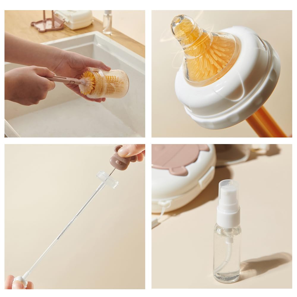 6-in-1 Baby Bottle Drying Rack & Cleaning Set with Silicone Brushes, Soap Dispenser & Storage Box - Perfect for Sterilizing, Drying and Organizing Baby Bottles, Pacifiers and Breast Pump Parts (Brown)