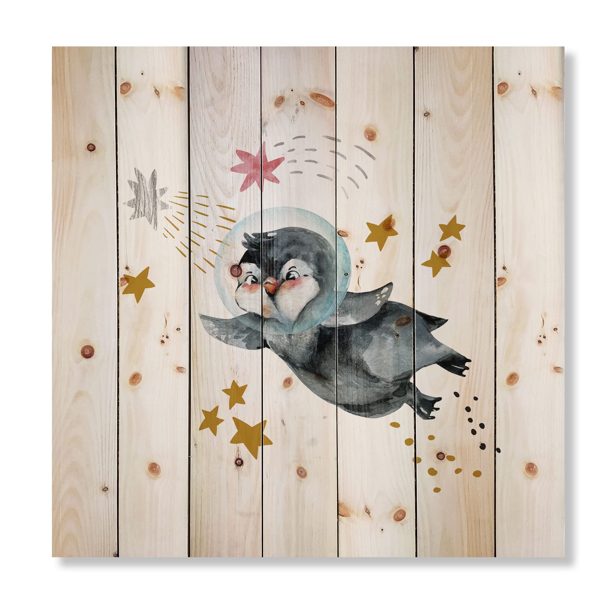 Little Penguin Flying Stars and Planets I - Farmhouse Style Wall Art Print on Natural Pine Wood | Nursery Decor, Kids Room Decoration, Unique Gift Idea