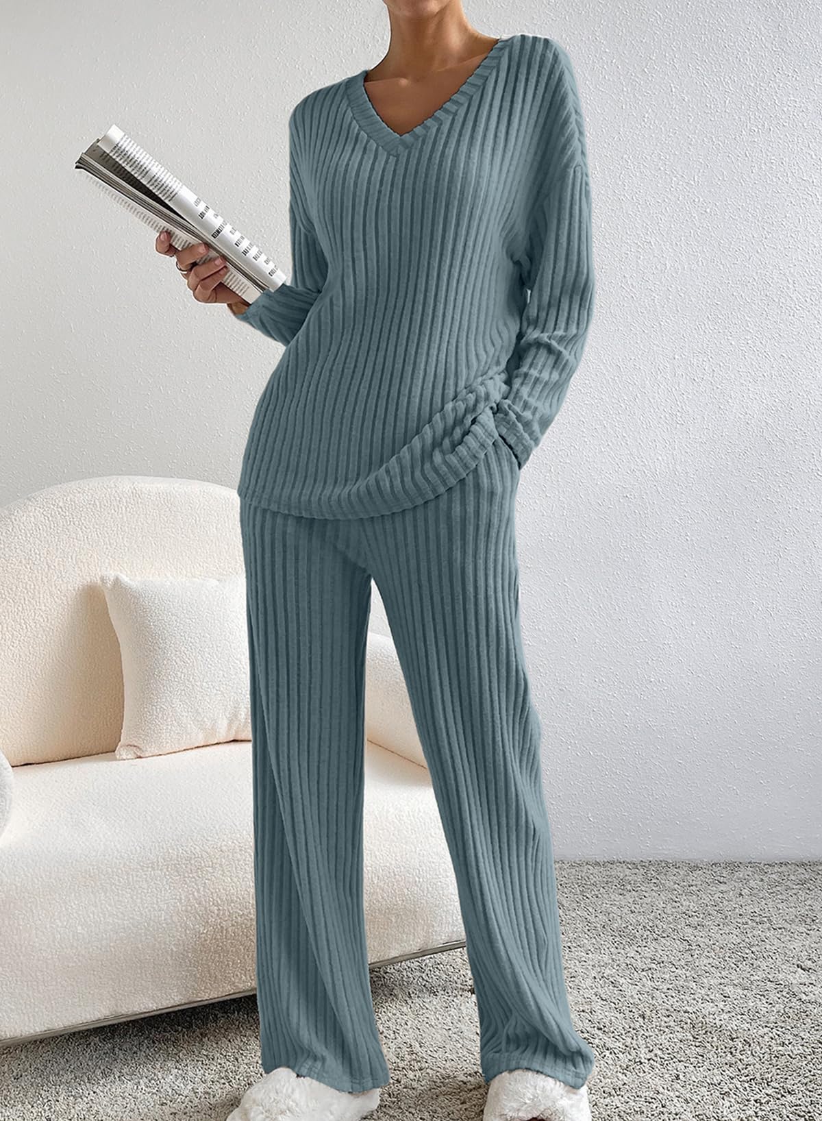SHEWIN Women's Pajama Sets - Long & Short Sleeve 2-Piece Lounge Outfit, Ribbed Knit Sweater Sleepwear for Cozy Nights & Relaxing at Home