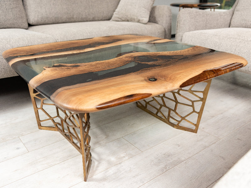 Handmade Custom Resin River Walnut Coffee Table - Modern Voronoi Design Collection for Living Room & Office Decor