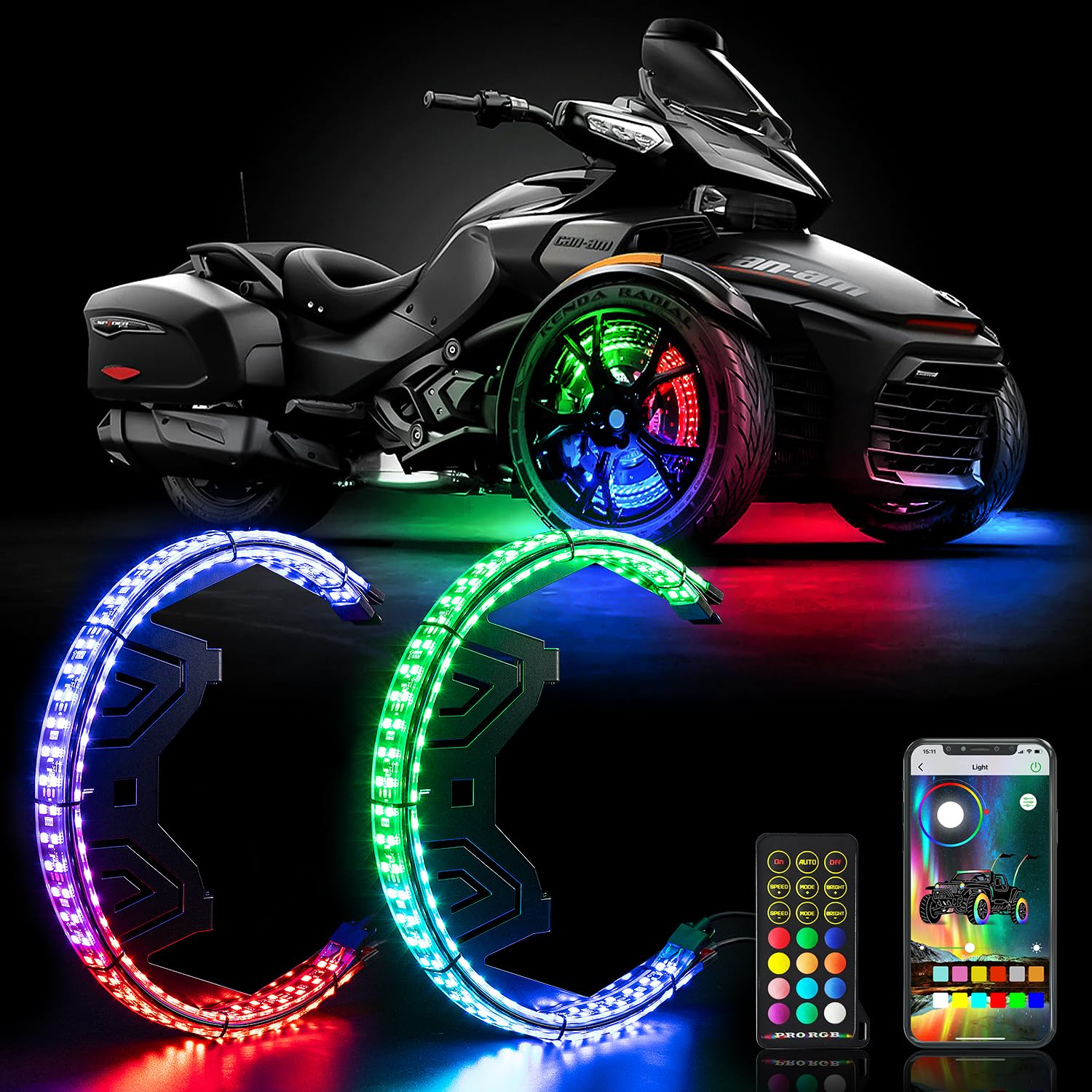 2010-2020 Spyder LED Wheel Ring Lights - Bluetooth & RF Remote RGB Chasing Rim Lights for 3-Wheel Motorcycles | Enhance Night Riding & Custom Styling