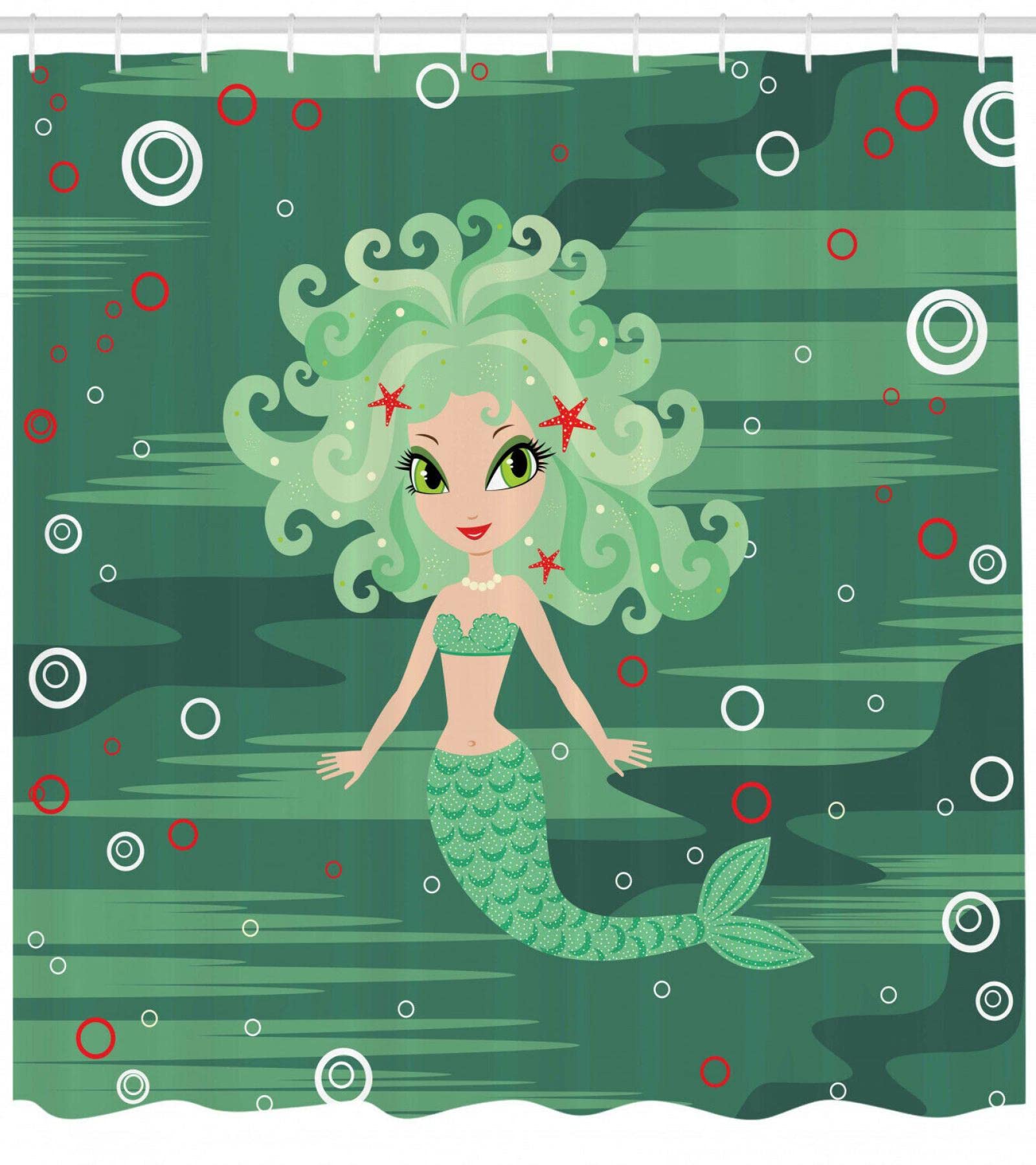Cute Cartoon Mermaid Shower Curtain with Hooks - Waterproof Bathroom Decor in Green & Pink, 65x71 Inches (165x180cm) - Perfect for Kids' Bathrooms, Beach-Themed Decor & Mermaid Lovers