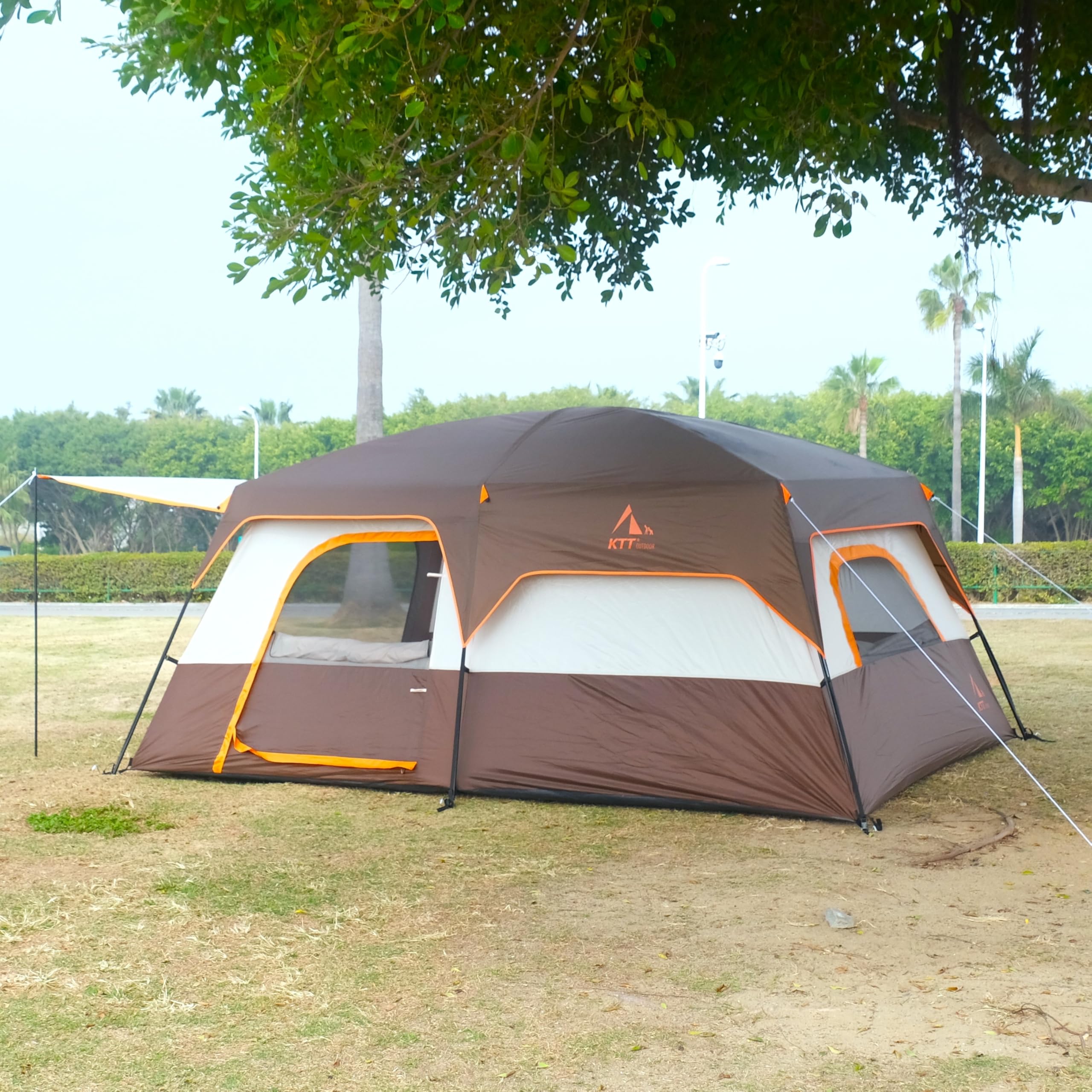 KTT Extra Large Family Cabin Tent for 10-12-14 People - 2 Rooms, 3 Doors & 3 Windows with Mesh, Straight Wall Design, Waterproof Double Layer - Perfect for Camping, Picnics, Outdoor Adventures & Family Gatherings