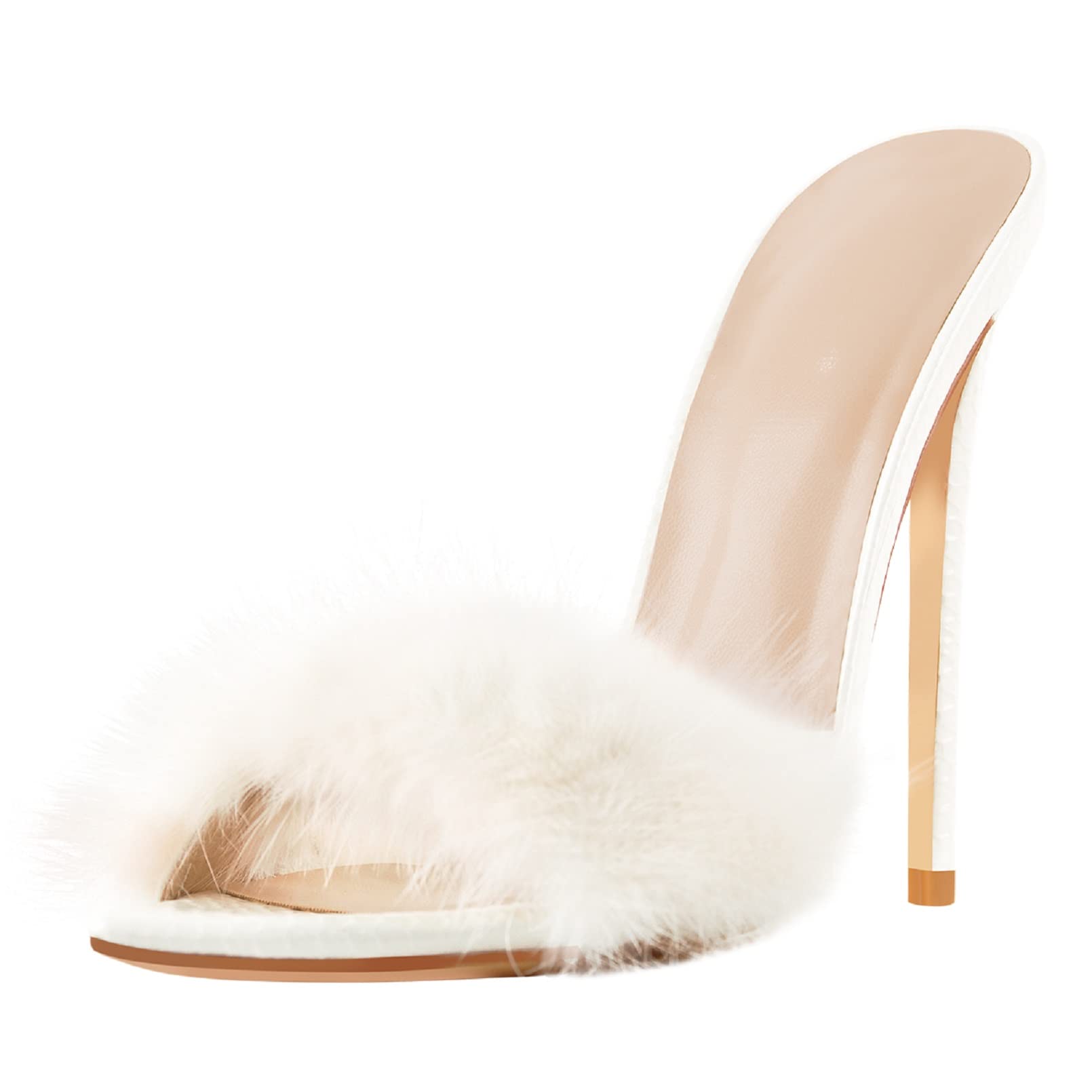 Richealnana Women's Fuzzy Fur Mules - Slip On High Heel Sandals for Women | Comfortable House Slippers & Fashionable Lounge Shoes for Home, Office & Date Night