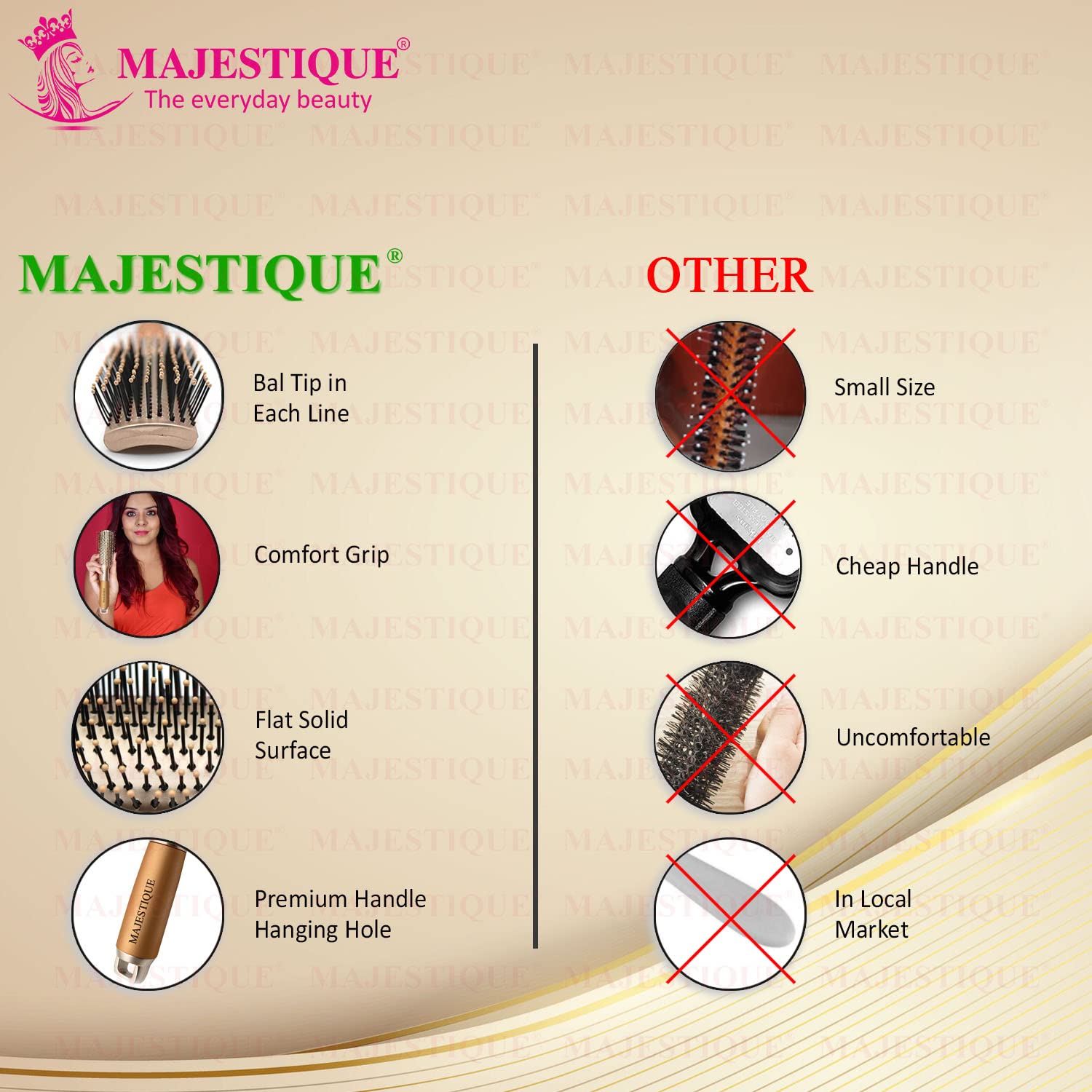 Majestique Premium Golden Series Fusion Vent Hair Brush - Professional Blow Drying & Styling Brush for Men & Women, Detangling Brush for Short Thick Hair, Salon-Quality Hair Straightener | Perfect for Home Styling, Salon Use & Travel