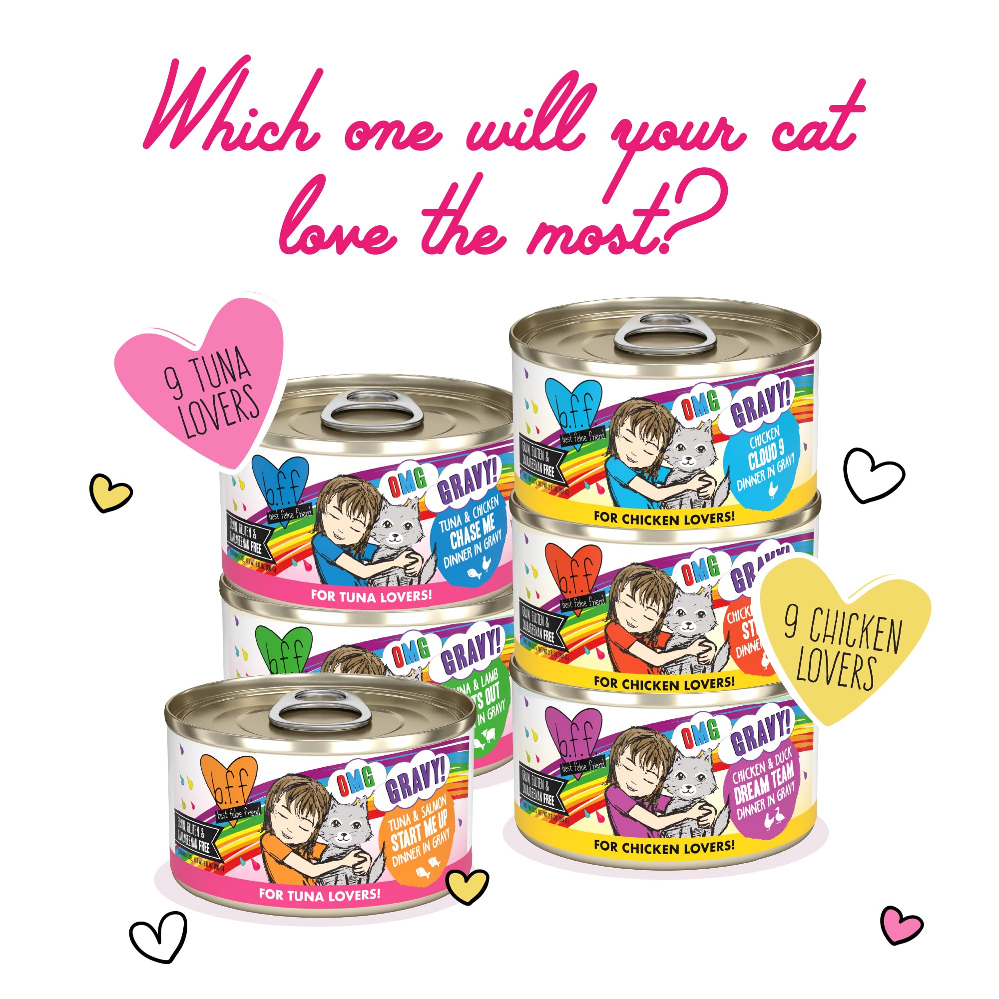 B.F.F. OMG - Best Feline Friend Oh My Gravy! Grain-Free Wet Cat Food Variety Pack, 2.8oz Cans (18-Pack) - Natural Protein for Healthy Cats, Perfect for Mealtime & Special Treats