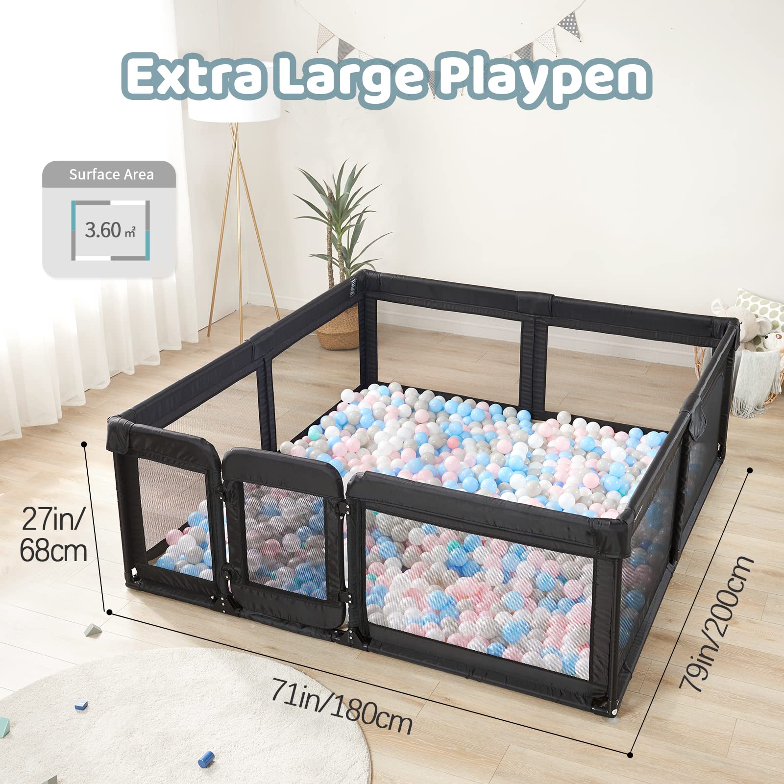Extra Large Baby Playpen with Door - 79x71in Safety Play Yard for Babies & Toddlers | Indoor Activity Center & Baby Fence | Perfect for Home, Nursery & Playtime (Black)