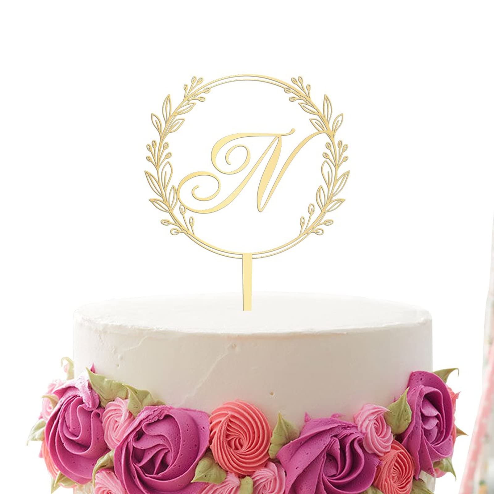 Personalized Gold Acrylic Letter N Cake Topper - Elegant Wreath Design for Wedding, Anniversary & Birthday Party Cake Decorations - Perfect for Custom Cakes, Cupcakes & Dessert Displays