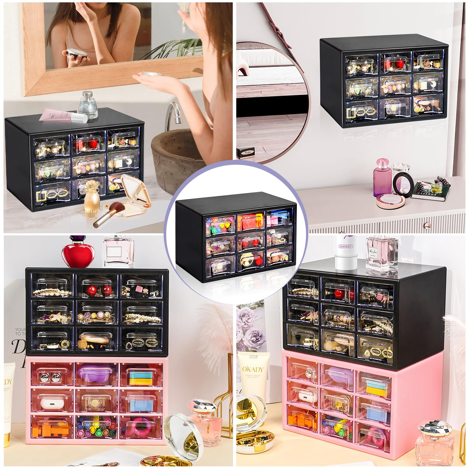 FODIENS 9-Drawer Stackable Desk Organizer - Clear Plastic Storage Box for Makeup, Jewelry, Office & Craft Supplies (9.84×6.3×5.9 Inches, Black) | Perfect for Home Office, Vanity Table & Craft Room Organization