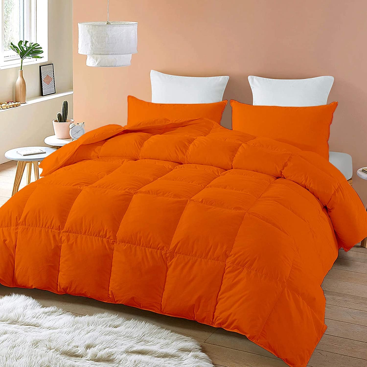 Premium Oversized Queen Size Hotel Quality Ultra Soft Organic Cotton All-Season Quilted Comforter with Corner Tabs - Box Stitched Down Alternative 400 GSM 800 Thread Count - Perfect for Bedroom, Guest Room & Luxury Hotels (Orange)