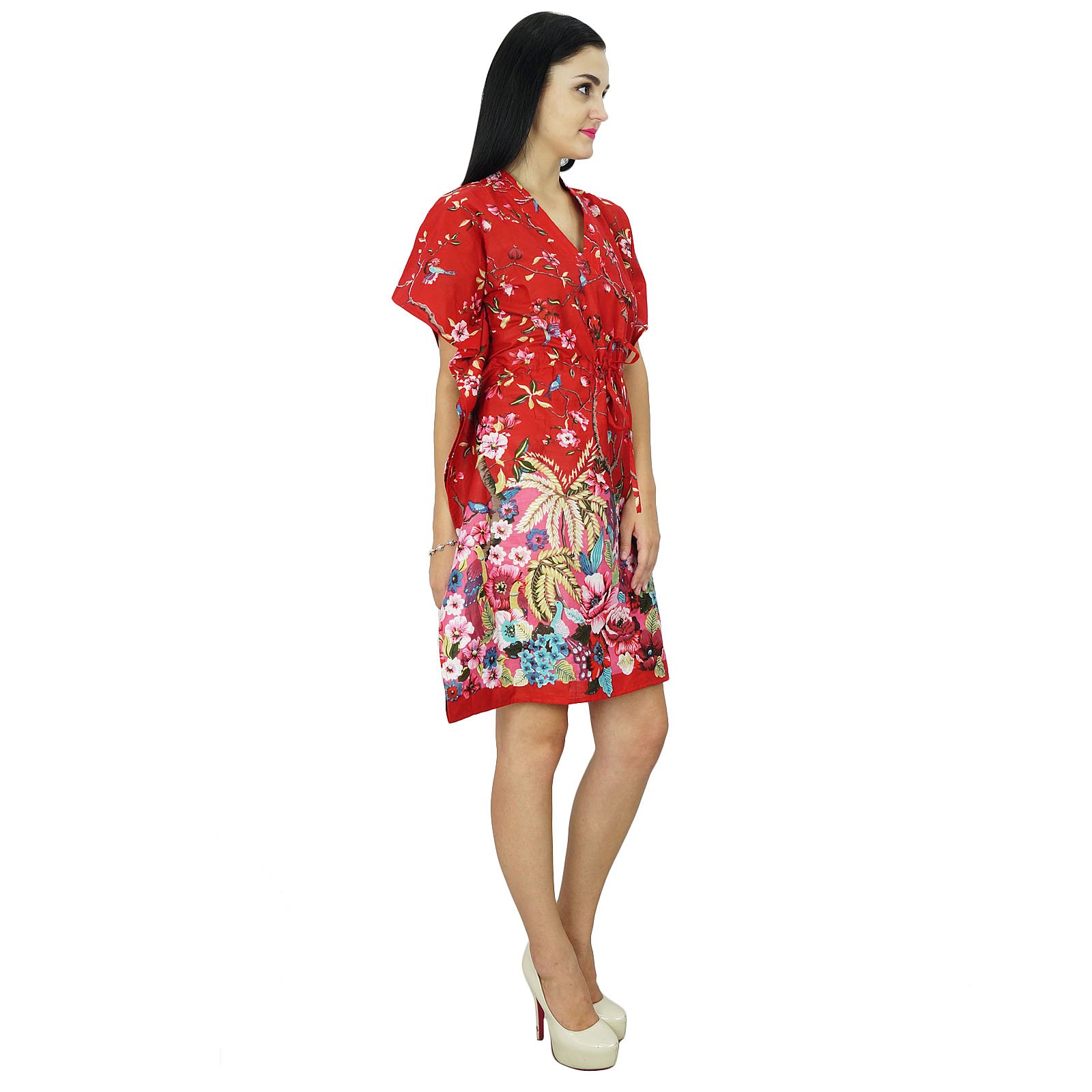 Bimba Women's Floral Kaftan Dress - Cotton Beach Cover Up Short Caftan for Summer Vacation, Pool Party & Boho Outfit