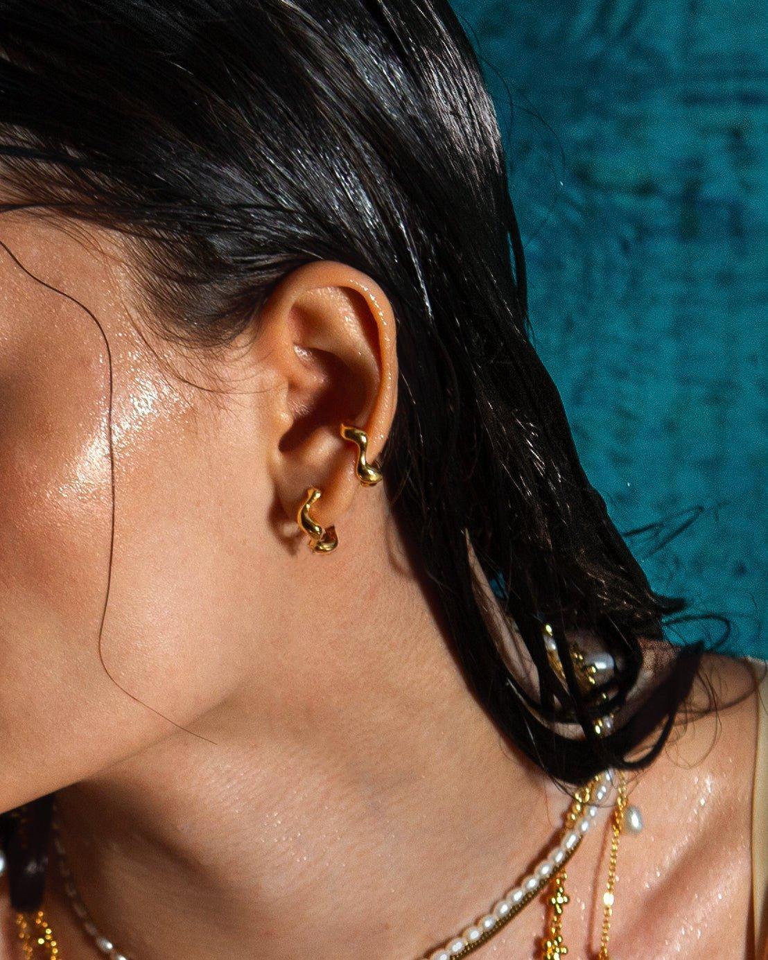 Gold Wave Hoop Earrings for Women - 14K Gold Plated Dainty Minimalist Hoops - Perfect for Everyday Wear, Office & Date Night
