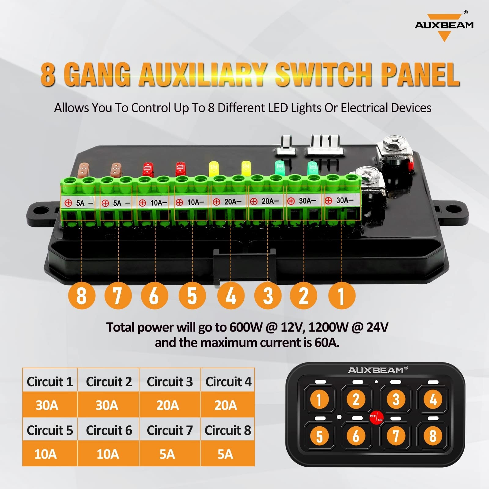 Auxbeam 8 Gang Switch Panel BA80 - Universal Circuit Control Relay System with Auto Dimmable LED Touch Switch for Car, Truck, Boat, UTV, ATV - Blue (2 Year Warranty) - Perfect for Off-Roading, Marine & RV Lighting Control