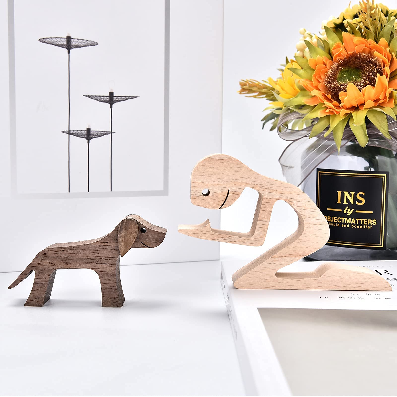 Handcrafted Wooden Figurines - Men and Dog Sculpture Set, Rustic Home Decor, Unique Housewarming Gift for Pet Lovers - Perfect for Bookshelf, Mantel & Coffee Table Display