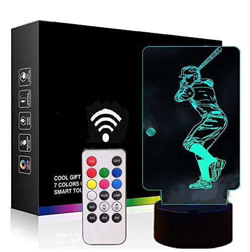 3D Baseball Player Night Light for Kids - Remote Control & Touch Switch, 7 Color Changing Dimmable LED Lamp for Nursery, Bedroom, Desk - Perfect Gift for Baby, Toddler, Christmas & Birthday (Baseball Theme Nightlight)