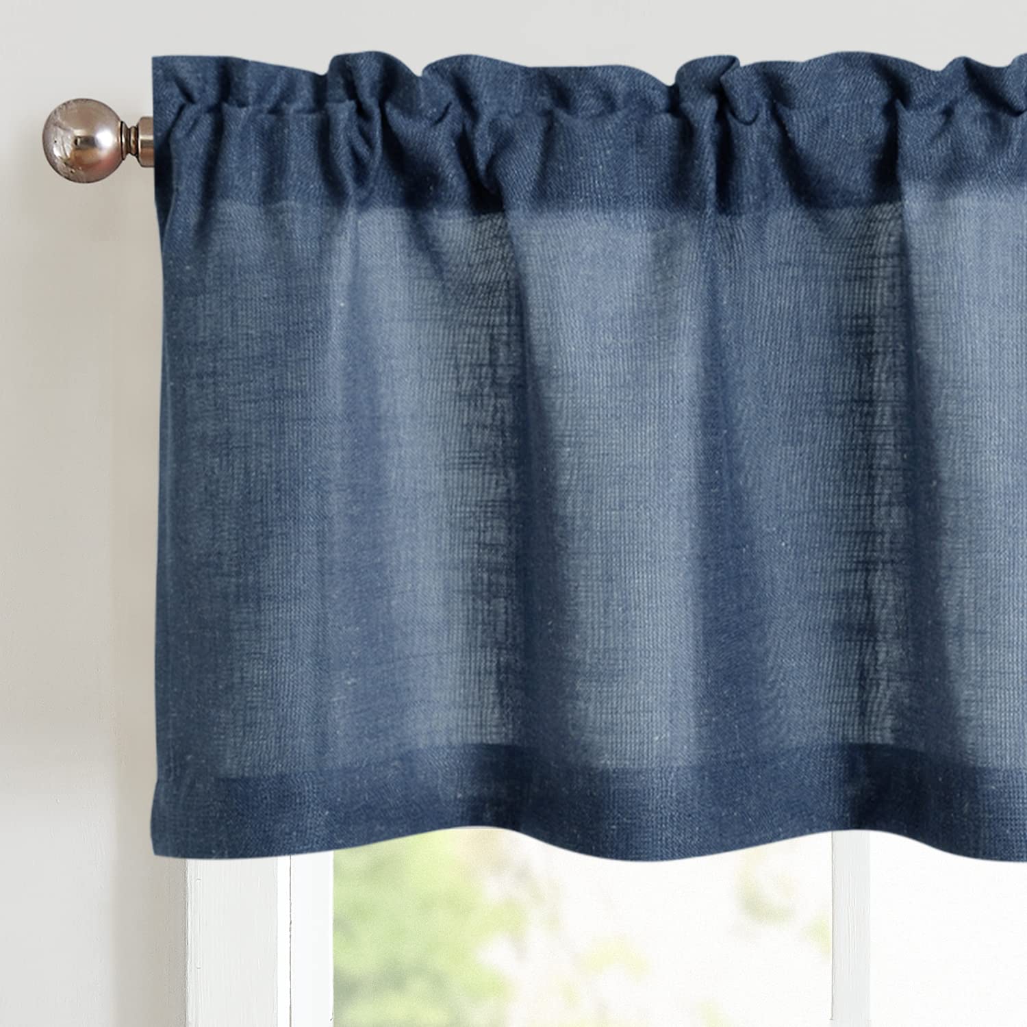 Jinchan Linen Valance Curtain - 18 Inch Rod Pocket Window Treatment for Kitchen & Living Room - Farmhouse Rustic Flax Linen Textured Valance Panel in Indigo Blue - Perfect for Small Windows, Country Style Home Decor