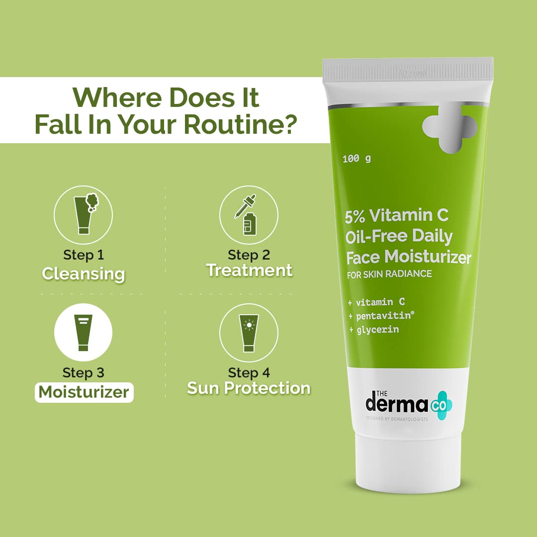 The Derma Co 5% Vitamin C Oil-Free Daily Face Moisturizer for Oily Skin - Brightening & Non-Greasy Formula (100g) | Lightweight Hydration for Glowing Skin | Day & Night Use for Radiant Complexion