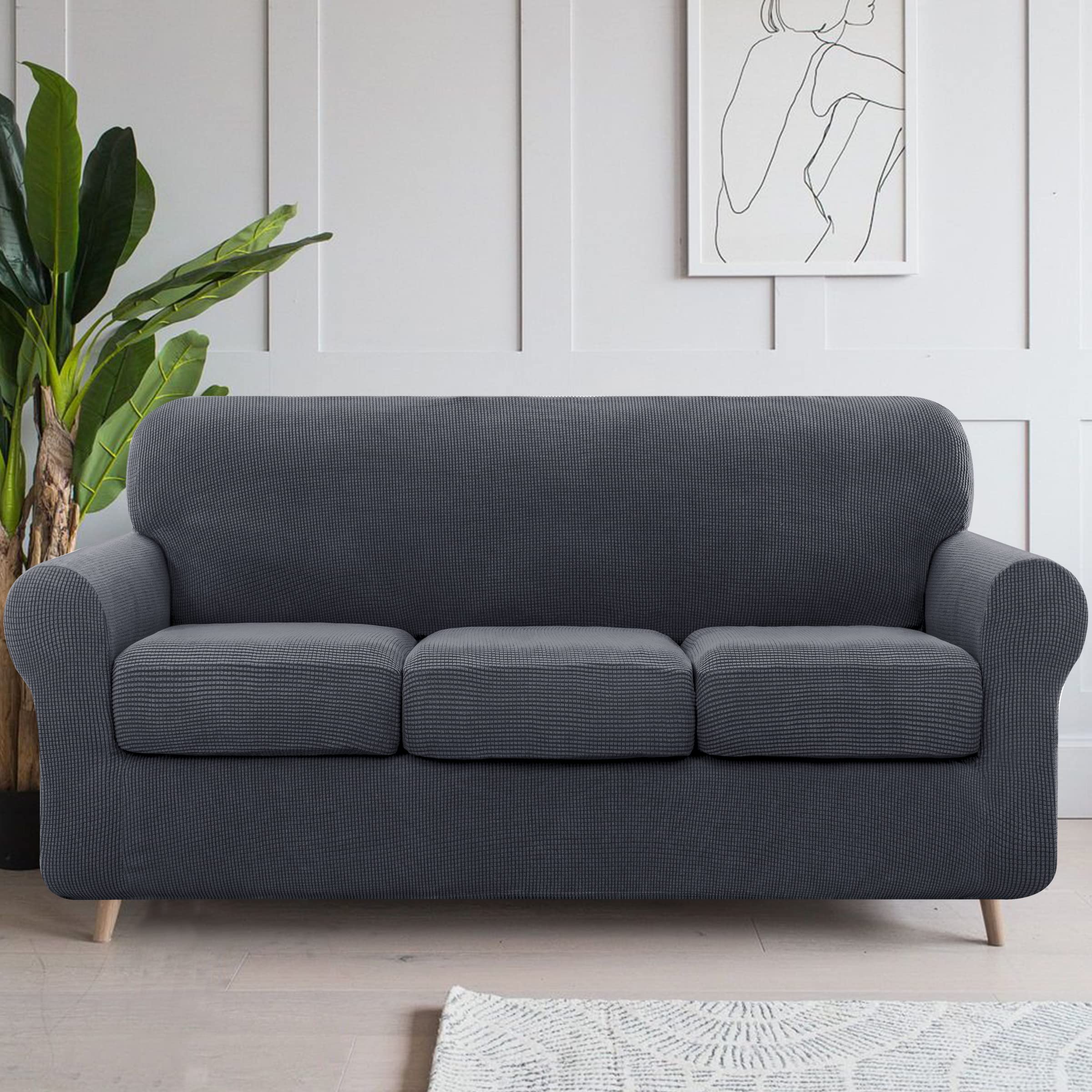 SUBRTEX Stretch Sofa Slipcover with Separate Cushion Covers - 1-Seater & 3-Seater Couch Protector for Pets & Kids (Small/Large, Gray) - Durable Furniture Cover for Living Room, Bedroom & Home Decor