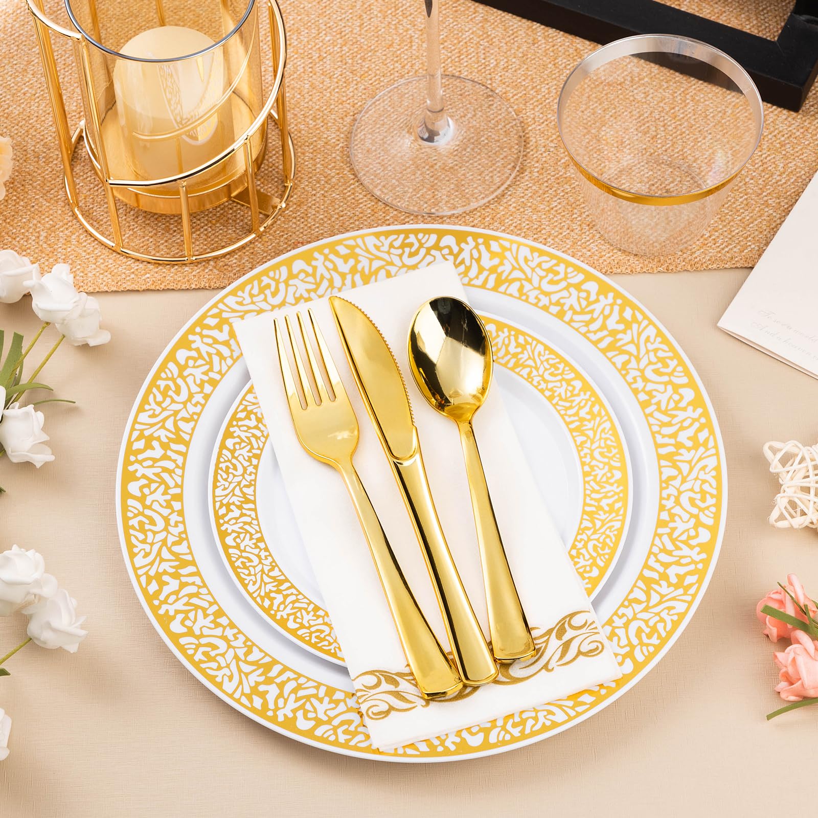 175-Piece Gold Plastic Dinnerware Set for 25 Guests - Disposable Plates, Silverware, Cups & Napkins for Wedding, Party & Dinner Events - Elegant Tableware for Special Occasions