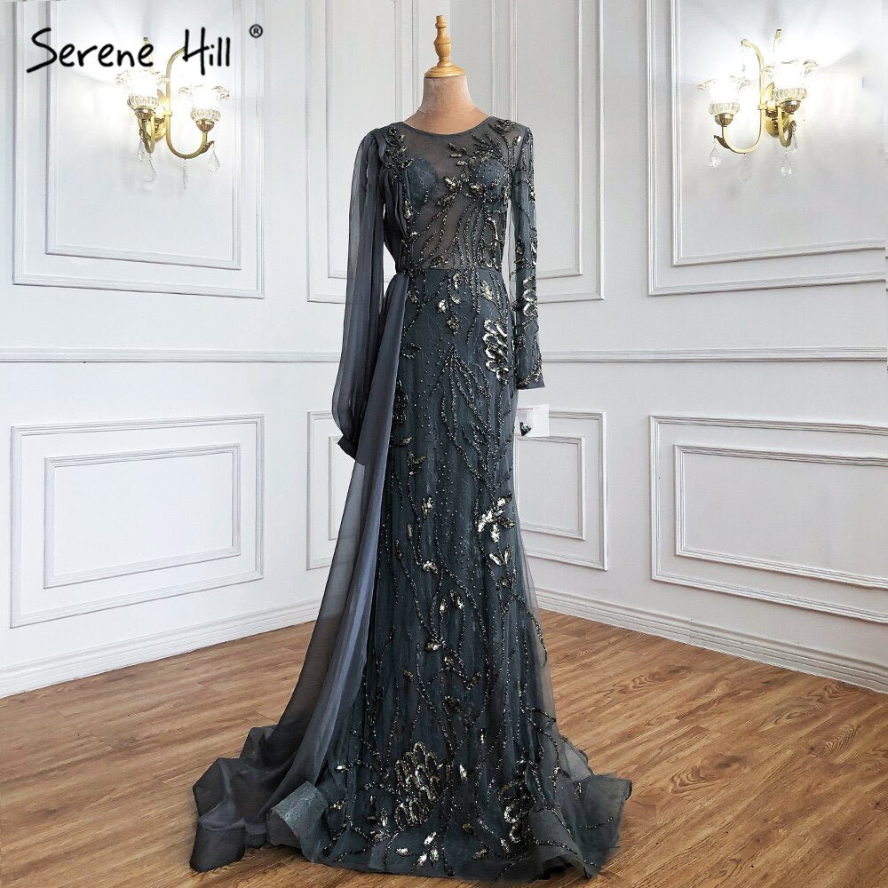 Elegant Serene Hill Grey Beaded Mermaid Evening Gown with Overskirt - Luxury Formal Dress for Women's Parties, Prom, and Special Occasions