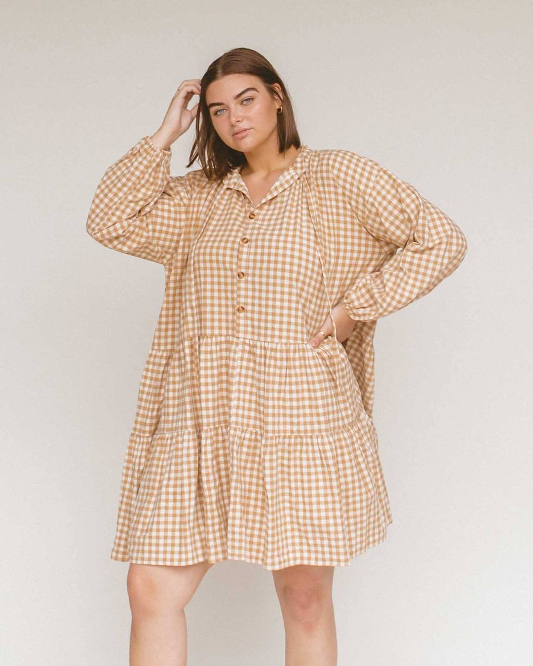 Avalon Smock Dress - Caramel Gingham Checkered Flowy Midi Dress for Women | Casual Summer Dress for Beach, Picnic & Date Night
