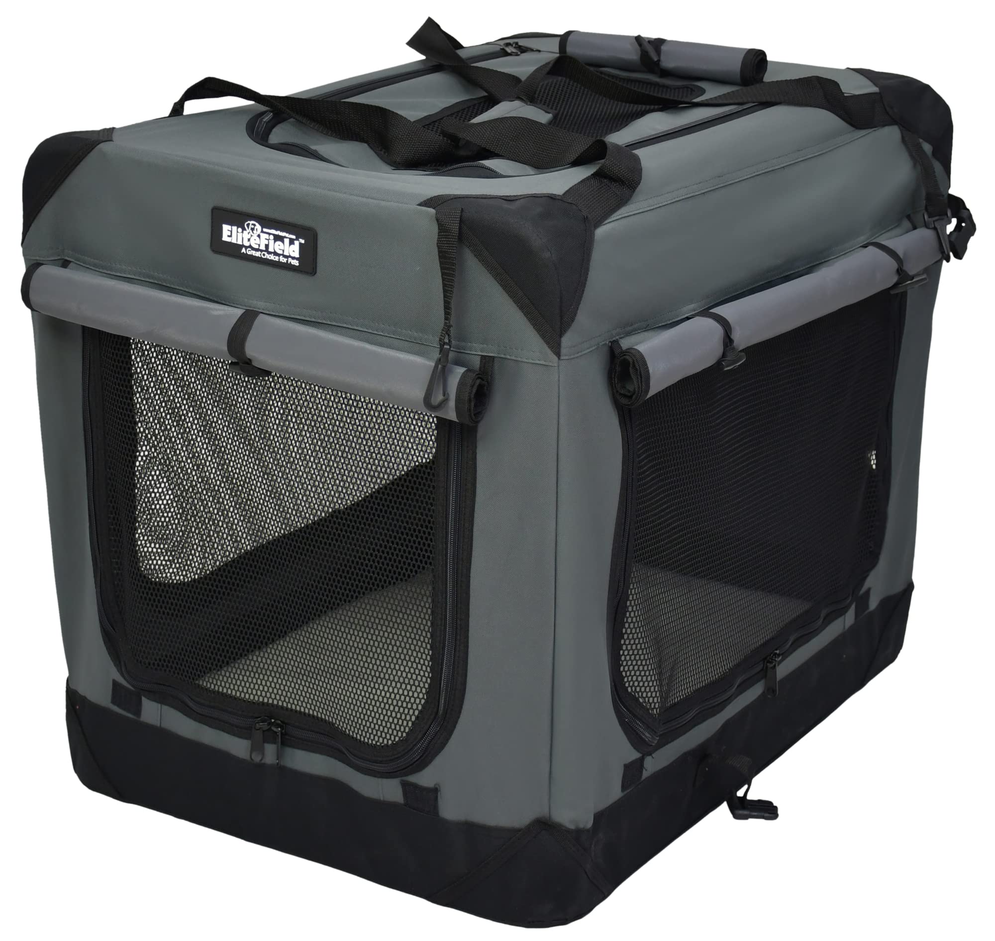 EliteField 4-Door Foldable Soft Dog Crate with Removable Curtains, Portable Carrying Bag & Plush Fleece Bed - Indoor Outdoor Pet Kennel for Small Medium Dogs (30