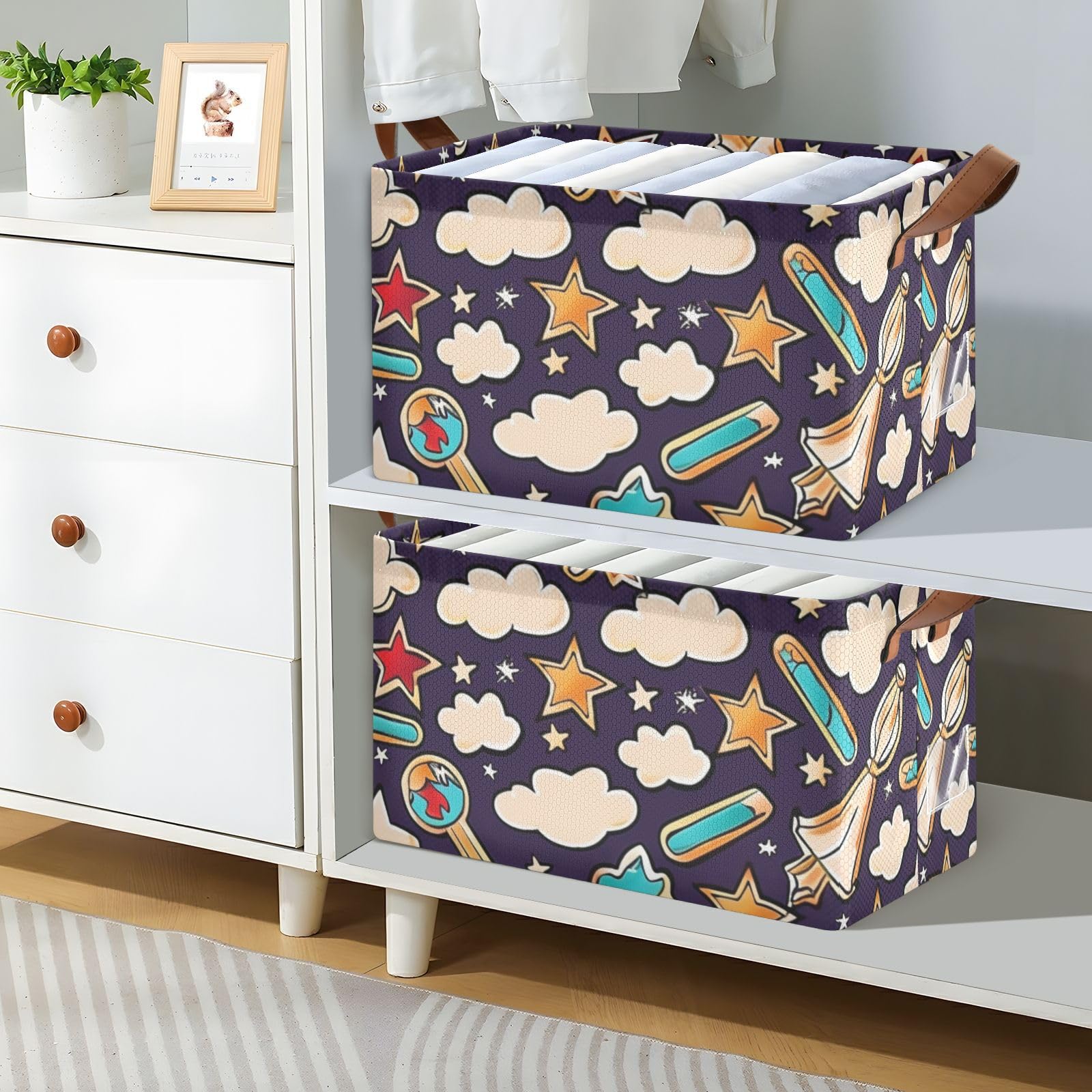 Cloud Star Collapsible Fabric Storage Baskets with Handles - 2 Pack Foldable Organizer Bins for Shelves, Closet & Wardrobe | Perfect for Home Organization, Bedroom Storage & Kids Toy Containers