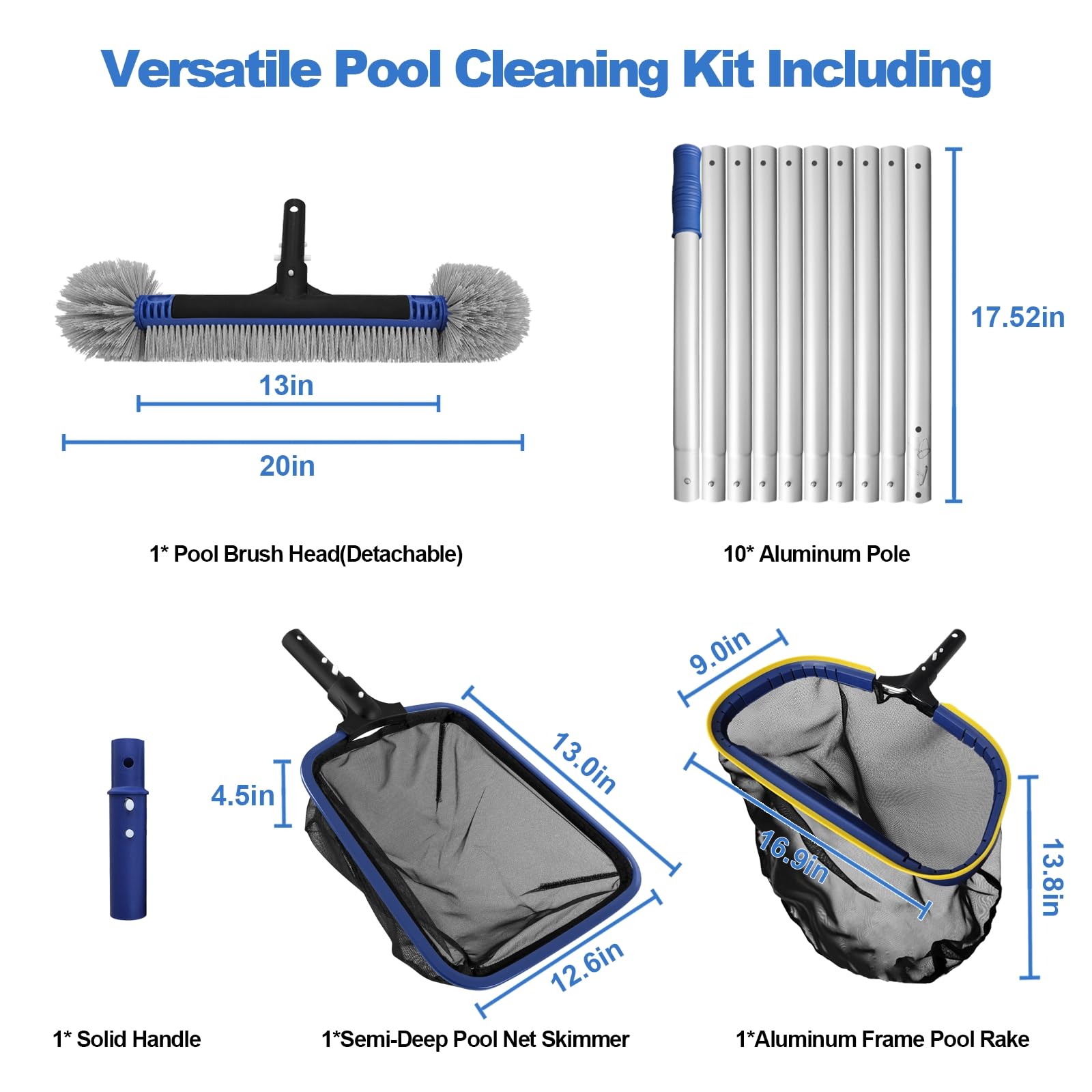 Poolvio 5-in-1 Pool Cleaning Kit - Semi-Deep Skimmer Net, Aluminum Leaf Rake, 20' Brush with 13ft Adjustable Pole - Perfect for Inground & Above Ground Pool Maintenance