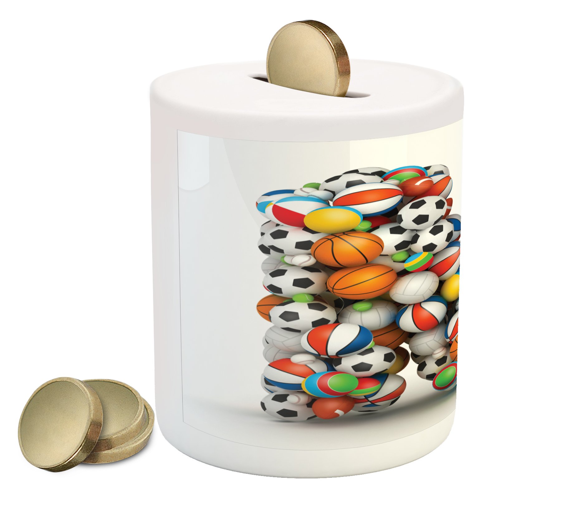 Ambesonne Letter M Piggy Bank - Creative Alphabet ABC Typography Design with Sports Theme & Ball Patterns, Ceramic Coin Bank for Saving Money, Multicolor - Perfect for Kids' Savings, Birthday Gifts & Home Decor
