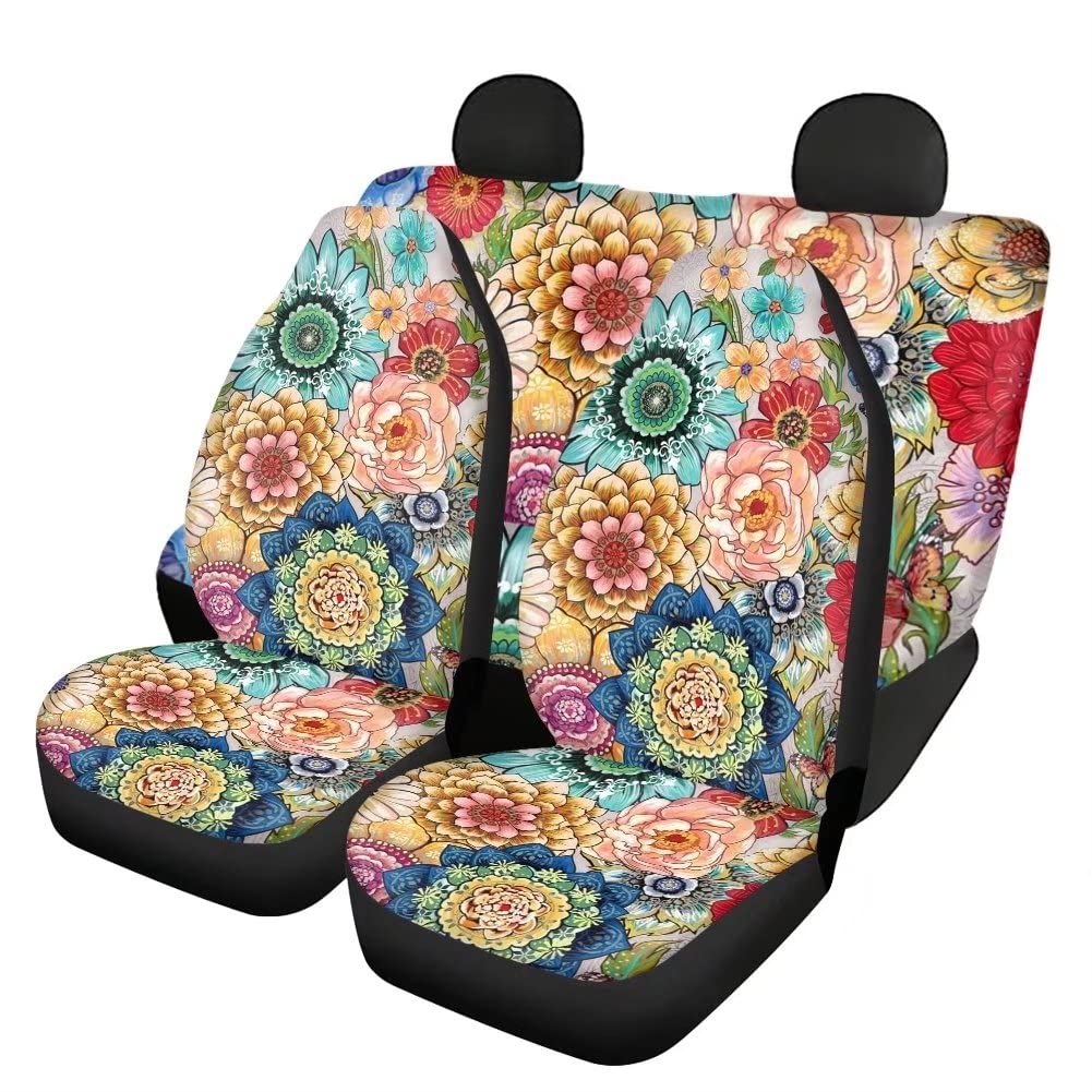 FUIBENG Blossom Flower Car Seat Covers Full Set - Colorful Floral Front & Rear Bench Seat Protector | Elastic Anti-Slip Pet-Friendly Design | Universal Fit for Cars, Trucks & SUVs | Perfect for Daily Commute, Road Trips & Pet Protection