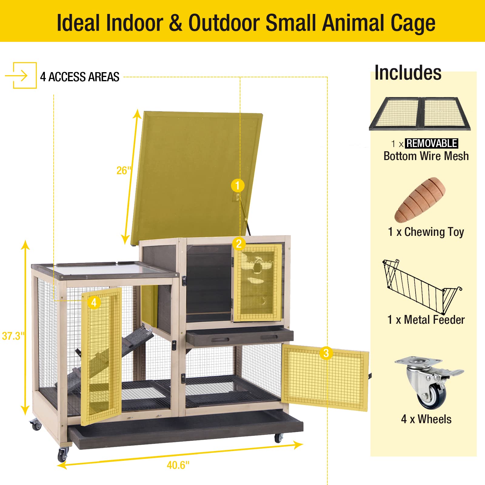 Aivituvin Upgraded Indoor Rabbit Cage with Run - 2 Deep No-Leak Trays & 4 Casters for Outdoor Use (Coffee Brown) - Perfect for Bunny Playtime and Secure Indoor/Outdoor Pet Housing