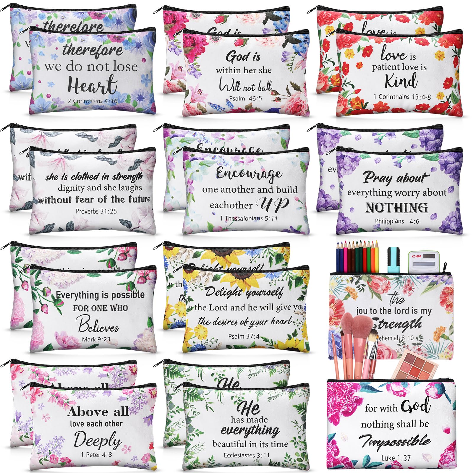 24 Pack Christian Makeup Bags with Bible Verses - Inspirational Canvas Cosmetic & Toiletry Pouches with Zipper for Women - Floral Design for Organizing Cosmetics, Stationery, Travel Essentials (Perfect for Church, Bible Study & Daily Use)