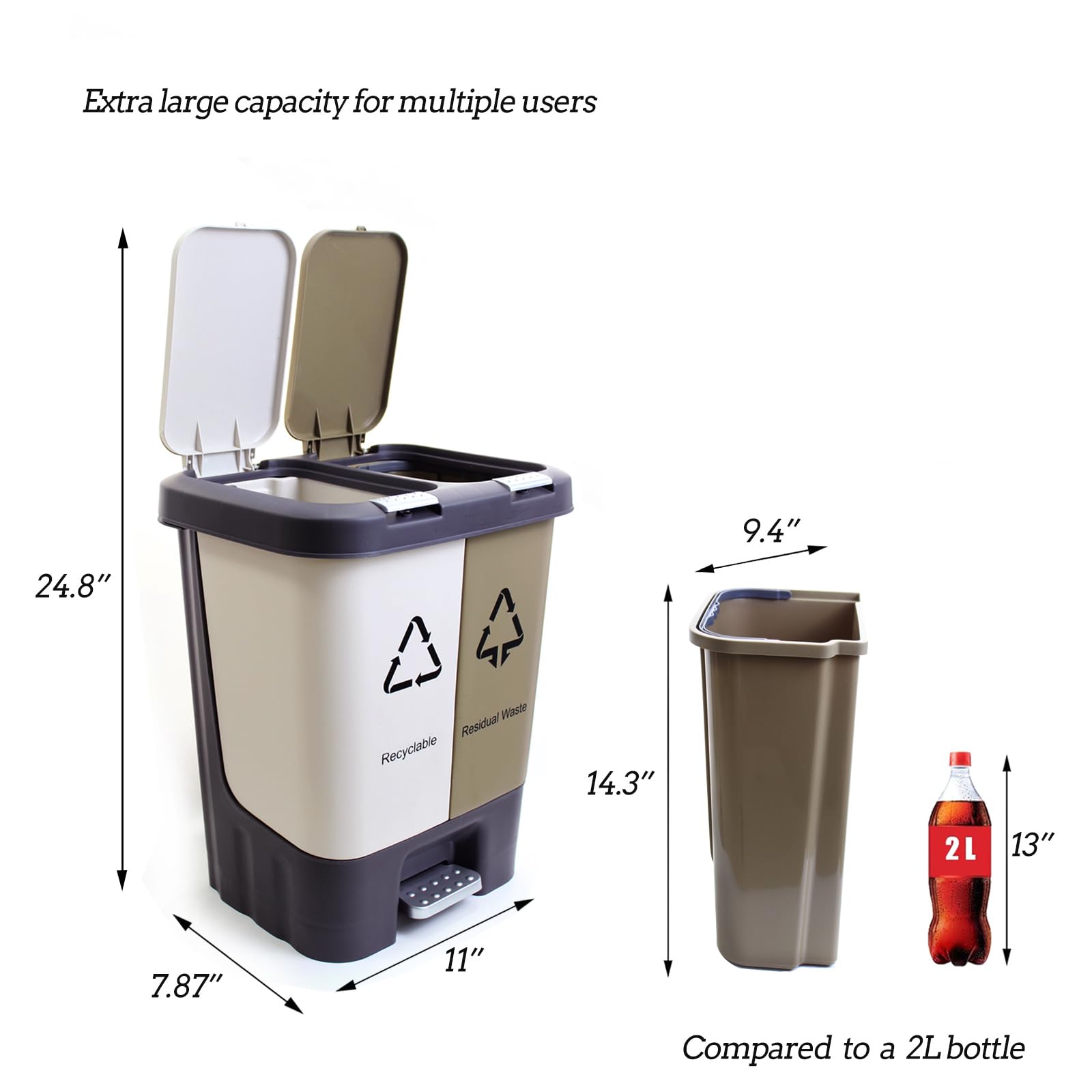 Winsterch 20L Dual Compartment Trash and Recycling Bin with Lid - 2 Section Plastic Waste Basket, Foot Pedal Operated Garbage Can for Kitchen, Bathroom, Bedroom & Home Office - Perfect for Waste Sorting and Space Saving Organization