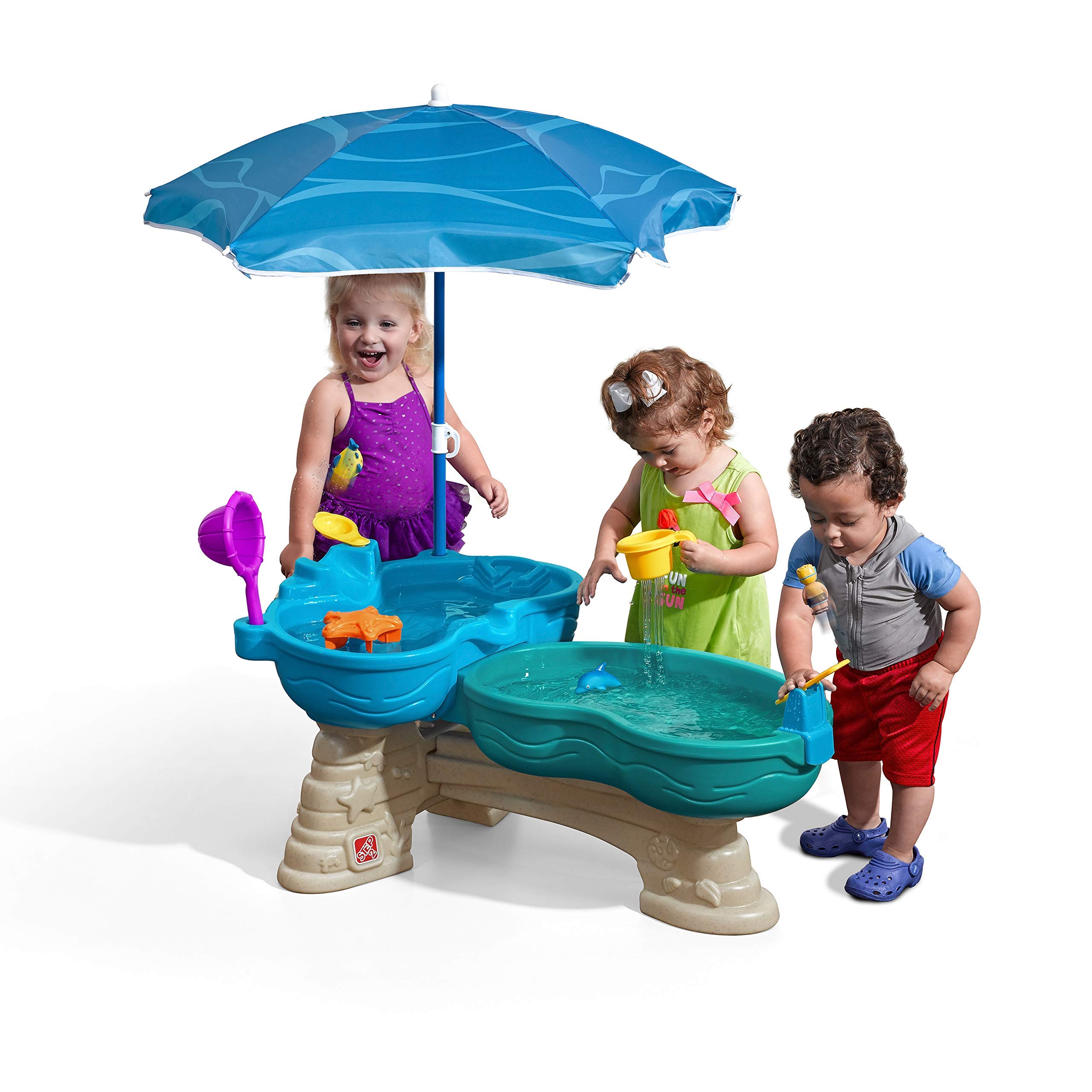 Step2 Spill & Splash Seaway Water Table - Large Outdoor Water Play Table for Kids with Umbrella & 11-Piece Accessory Set | Dual-Level Design for Sensory Play | Perfect for Backyard, Poolside & Summer Fun