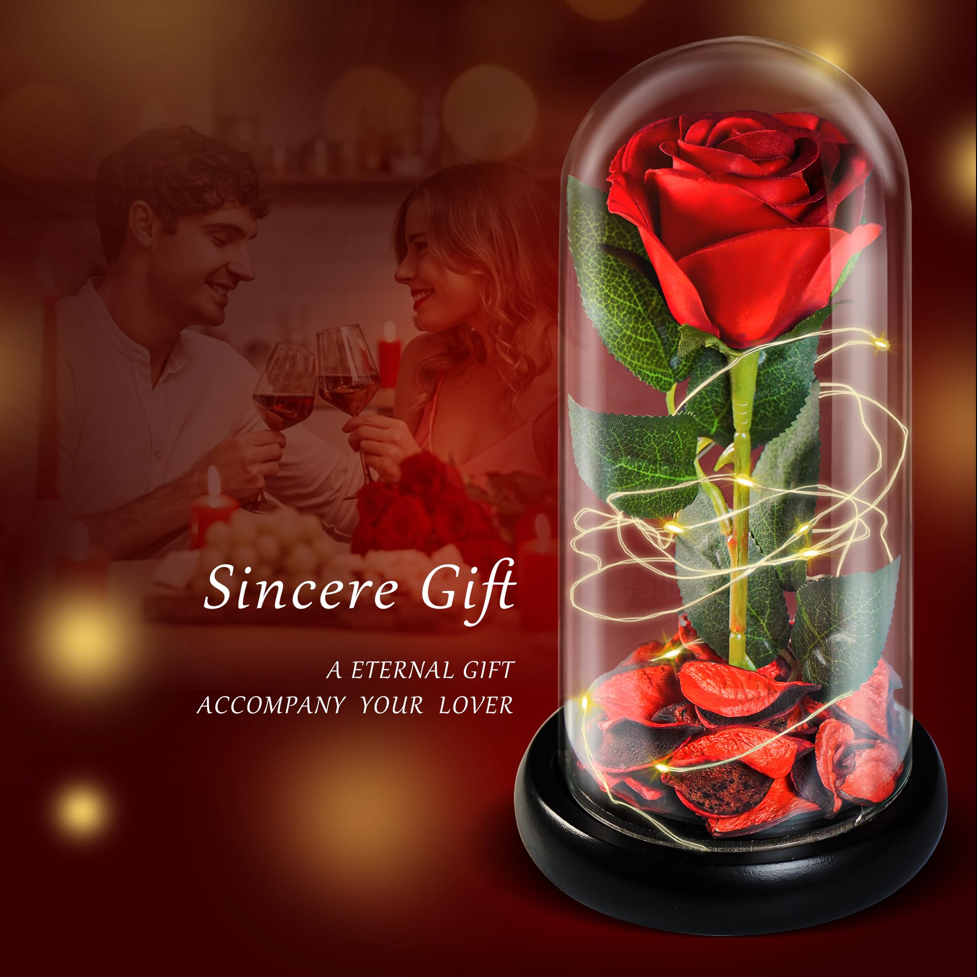 Forever Silk Rose in Glass Dome - Valentine's Day, Birthday & Mother's Day Gift for Women - Light Up Preserved Roses with Galaxy Red Silk Flower - Romantic Home Decor & Special Occasion Present