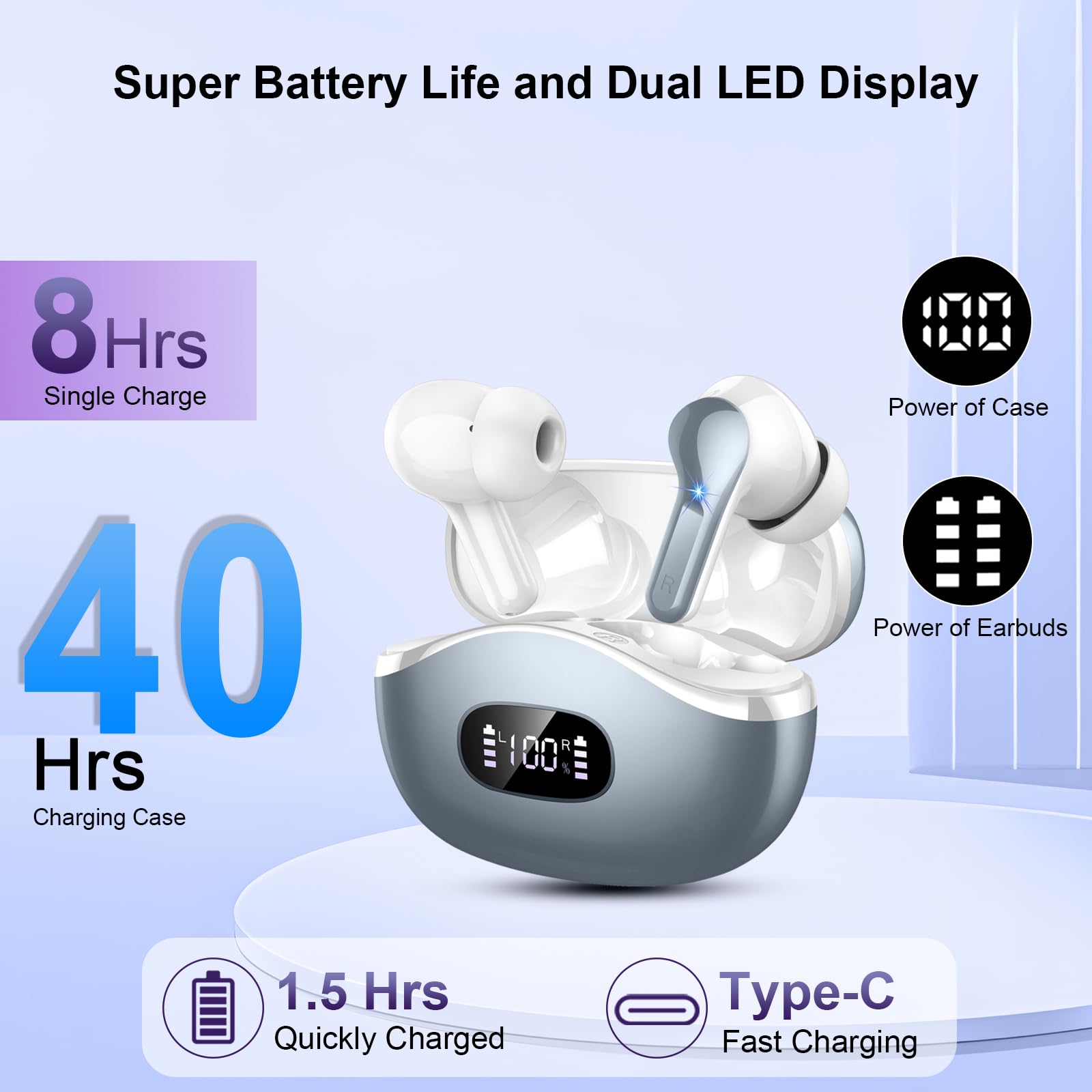 2024 Wireless Earbuds Bluetooth 5.4 with ENC Noise Cancellation, 40H Playtime & Deep Bass, IP7 Waterproof LED Display Headphones for Android iOS - Perfect for Gym, Running, Commuting & Travel (Grey)