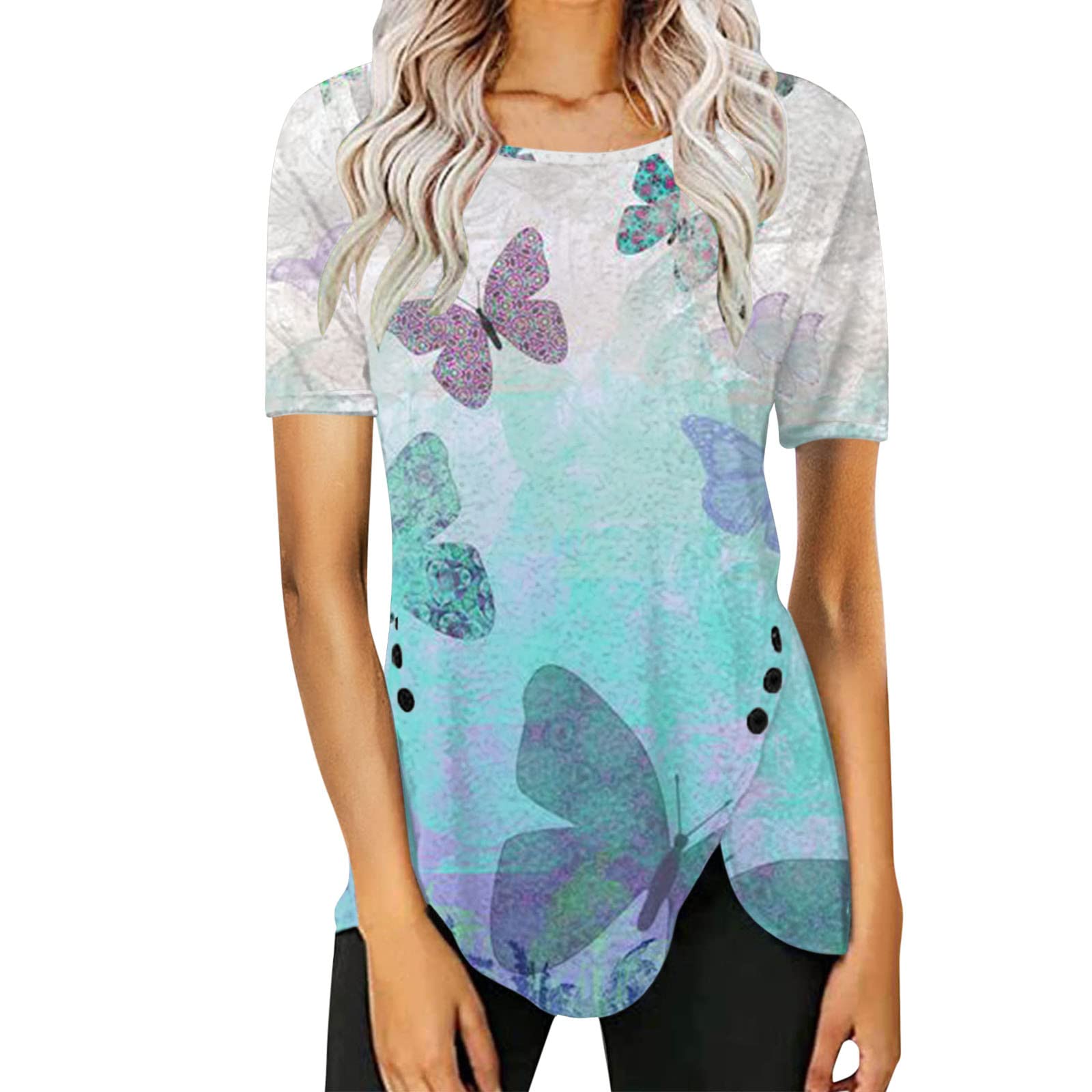 Women's Trendy Short Sleeve Boho T-Shirts - Casual Butterfly Print Crewneck Blouses for Summer Outfits & Beach Vacations | Loose Fit Dressy Tees for Daily Wear, Date Nights & Music Festivals