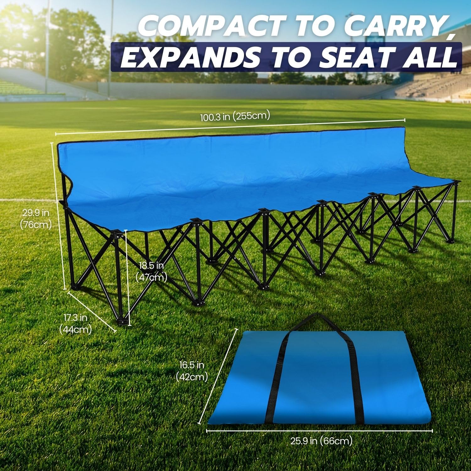 Flexzion Portable Folding Bench Seat - 6 Person Collapsible Soccer Bench with Backrest & Carry Bag - Perfect for Bleachers, Camping, Sports Sidelines, Outdoor Events & Picnics - Durable Blue Bench Seating Solution