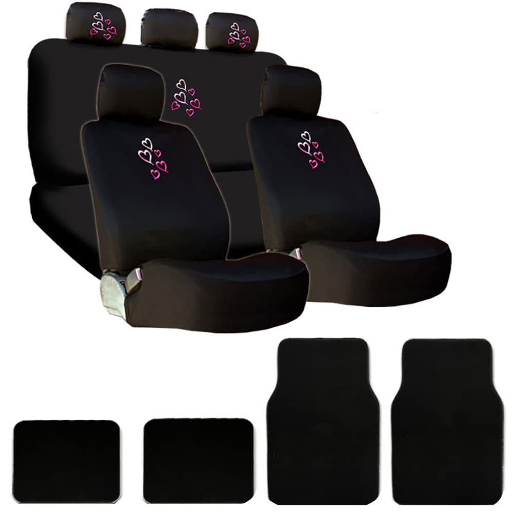 Premium Pink & Red Heart Car Seat Covers with Matching Headrest Protectors & Floor Mats - Valentine's Day Gift Set for Couples - Perfect for Date Nights & Romantic Road Trips