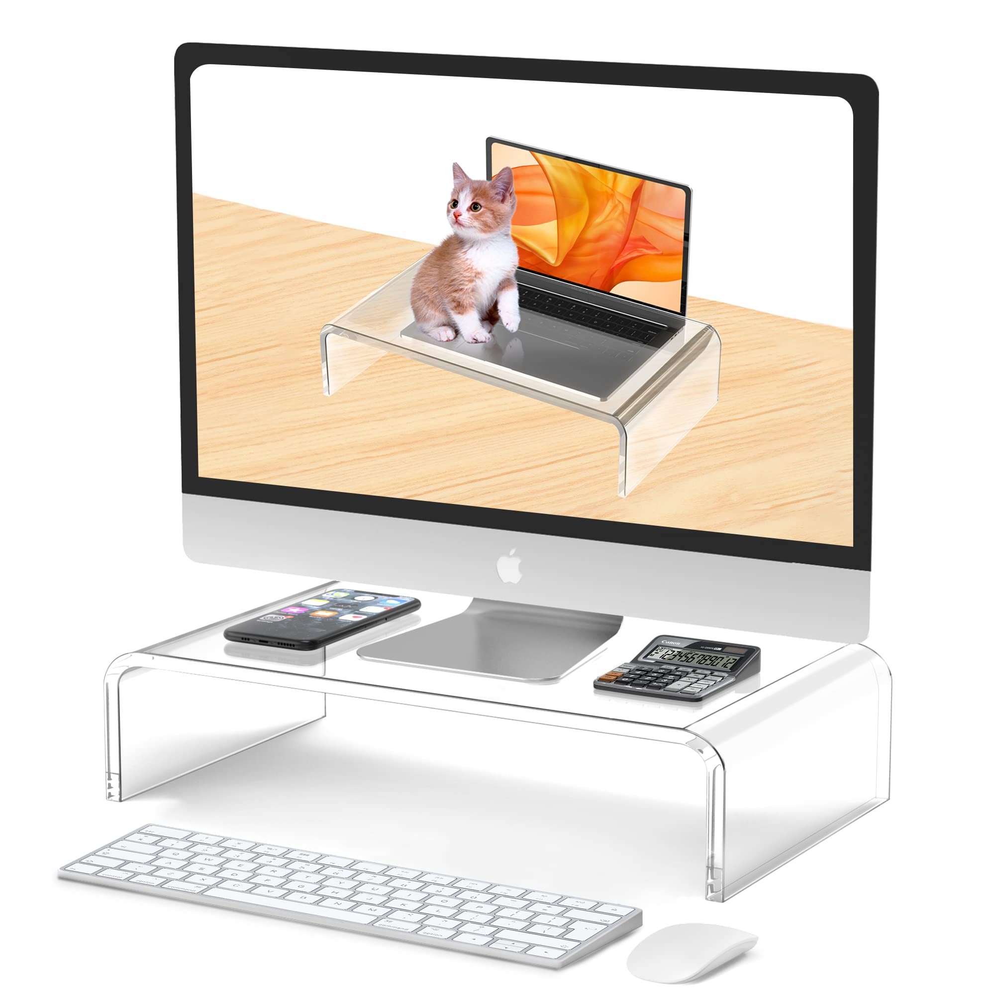 Clear Acrylic Monitor Stand Riser - Adjustable Laptop & Computer Monitor Holder with Cable Management - Perfect for Home Office, Gaming Setup, and Workspace Organization (White)